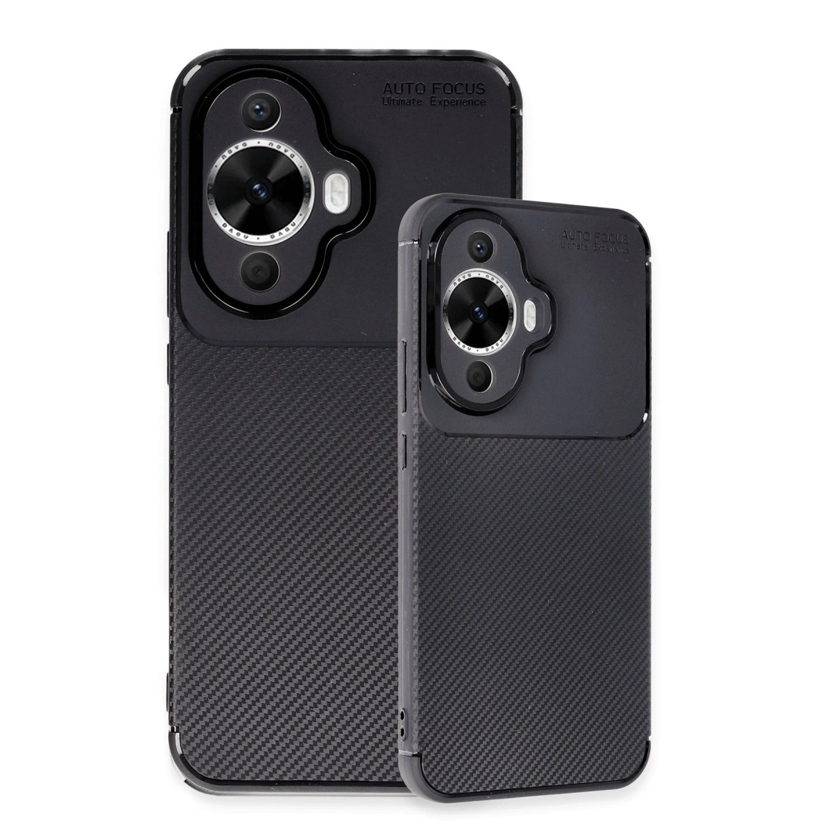 Karbon fiber desenli ve kamera kesimli iki siyah telefon kılıfı.