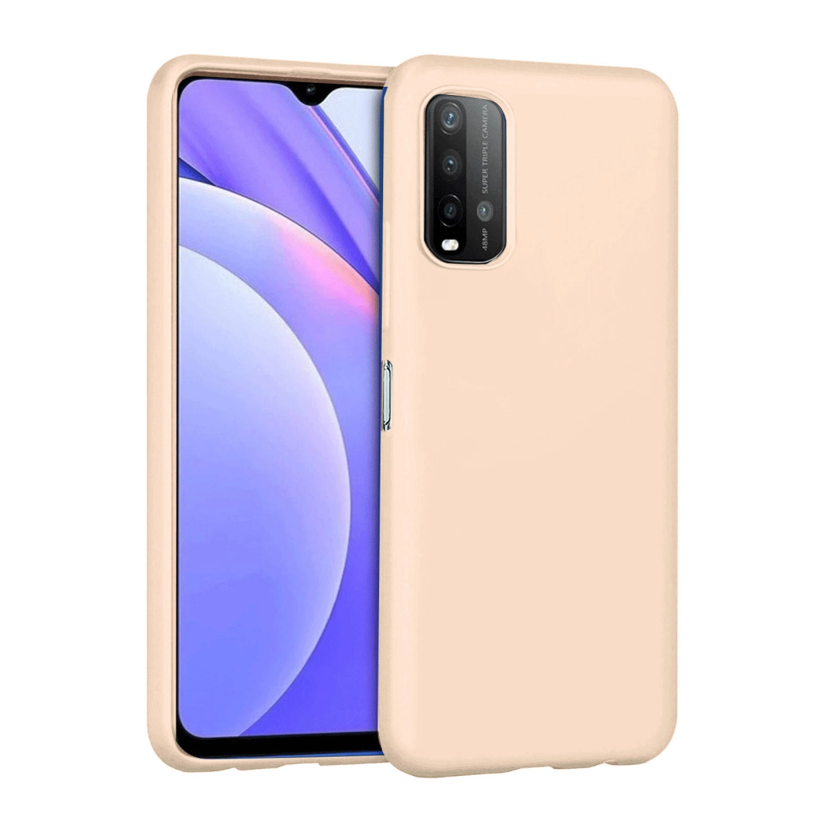 Arkada üçlü kamera bulunan açık bej telefon kılıfı.