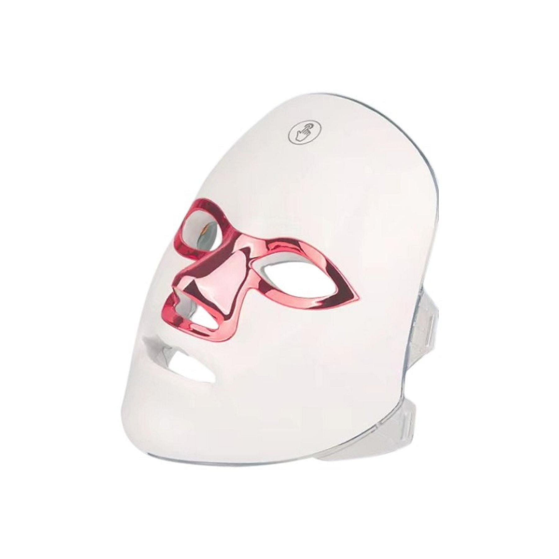 Eine weiße LED-Gesichtsmaske mit roten Augen- und Mundpartien.