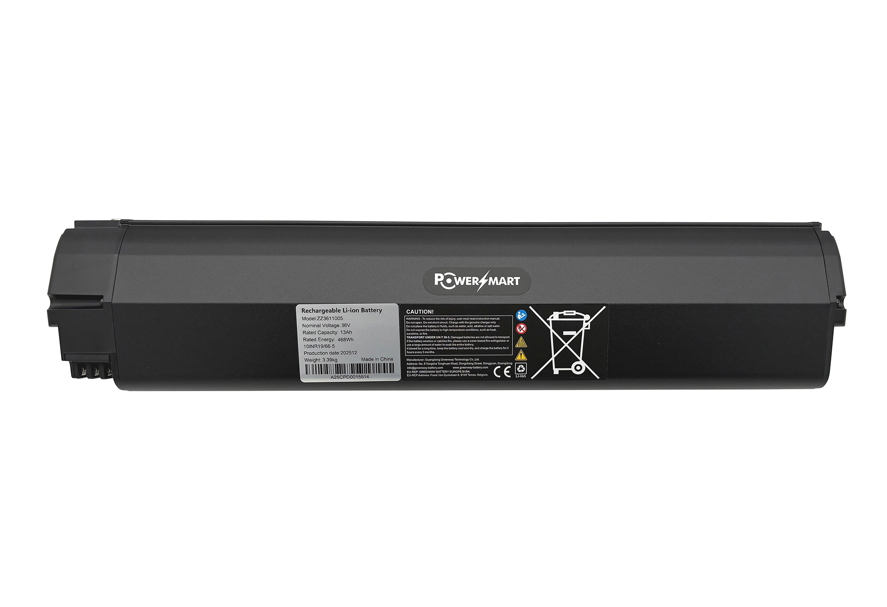 Schwarzer Lithium-Ionen-Akku mit technischen Details und Warnsymbolen.