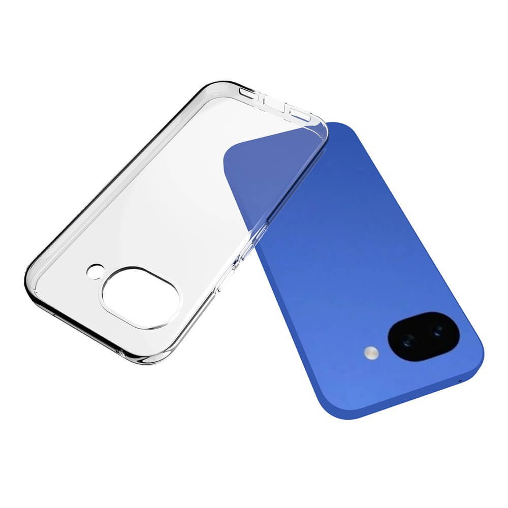 Una custodia trasparente per telefono giace su un telefono blu.