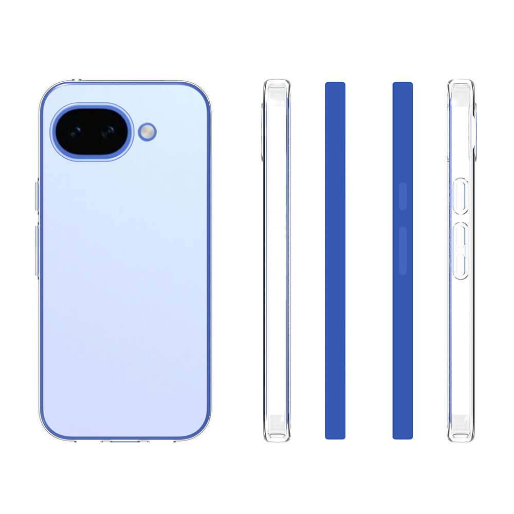 Una custodia trasparente per telefono accanto a tre barre blu.