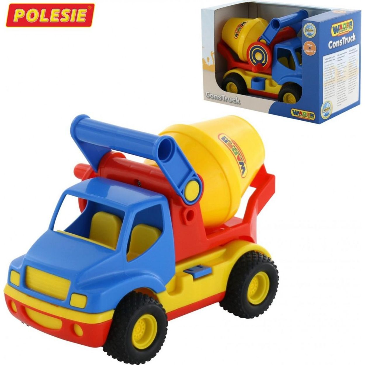 Ein bunter Spielzeug-Mischer mit gelber Trommel, blauem Fahrerhaus und rotem Gestell.