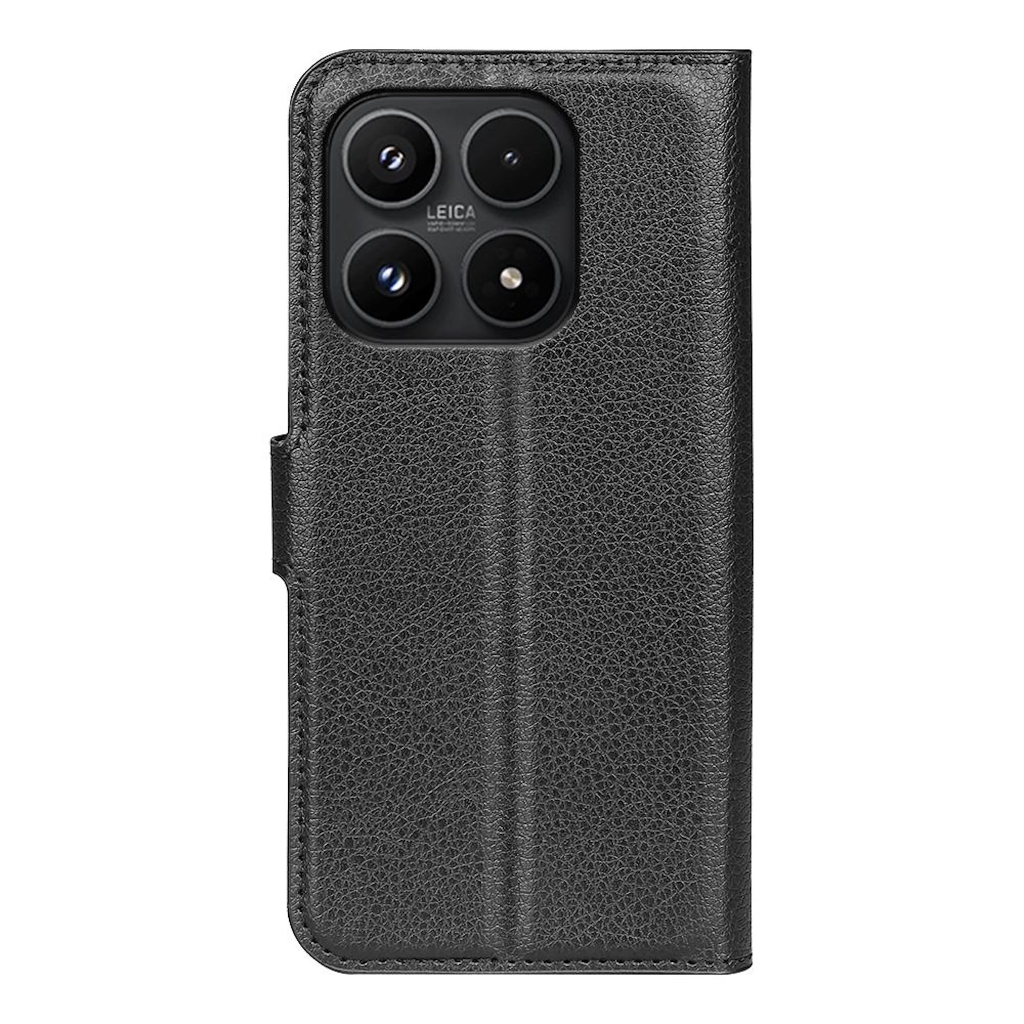 Funda tipo cartera de cuero negro para smartphone con cuatro lentes y logo Leica.