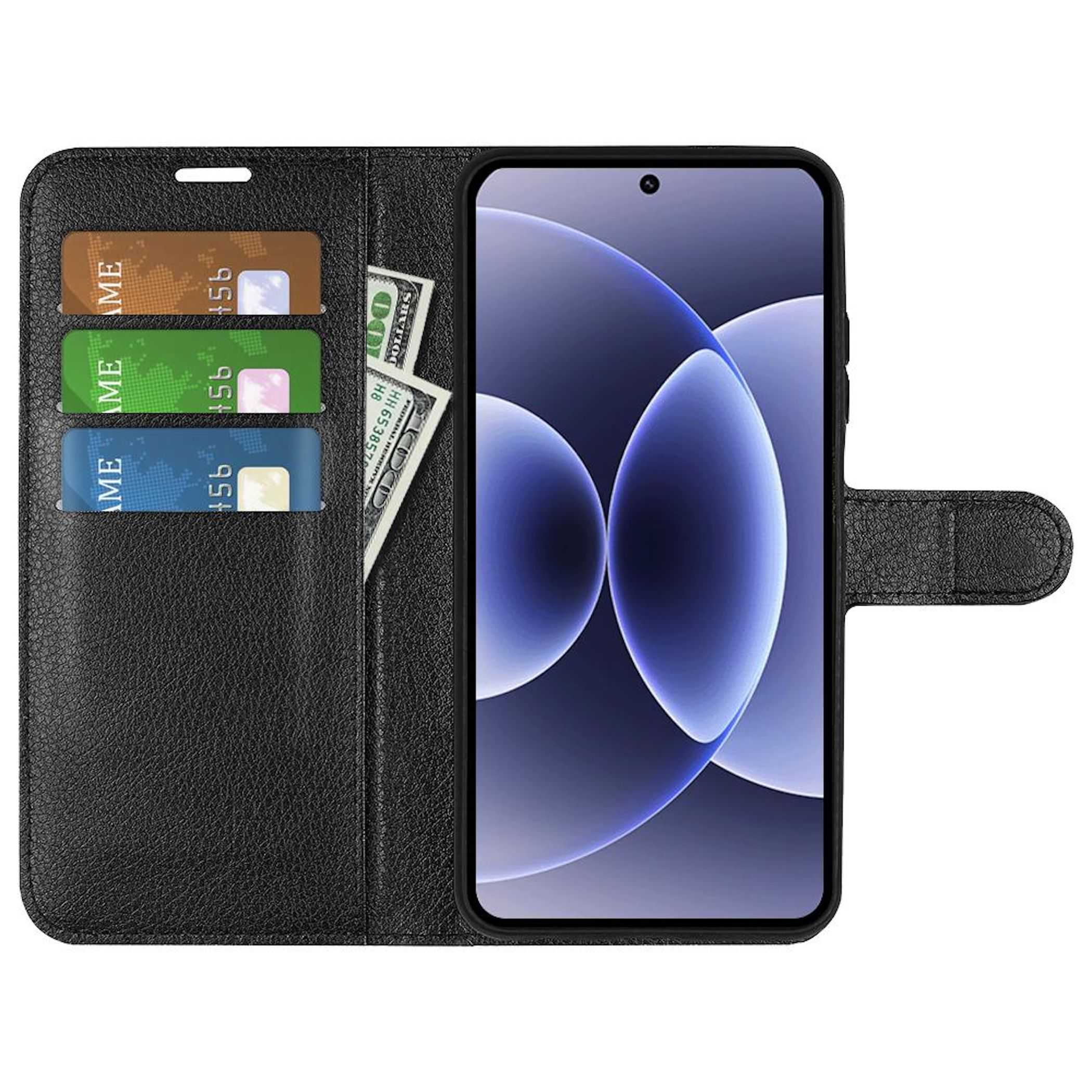 Funda tipo libro de cuero negro con tres ranuras para tarjetas, billetes y un smartphone.