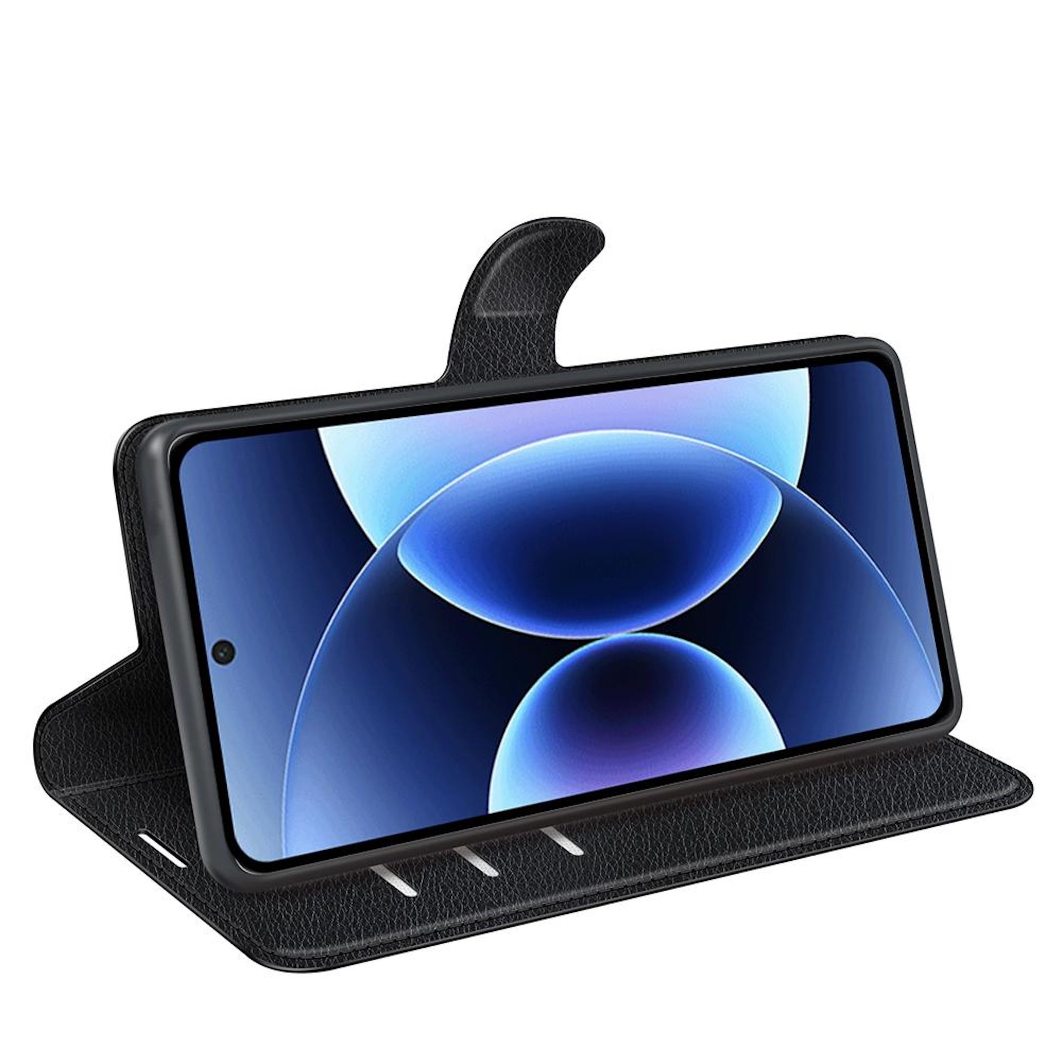 Teléfono negro en funda tipo libro de cuero negro con fondo abstracto azul.