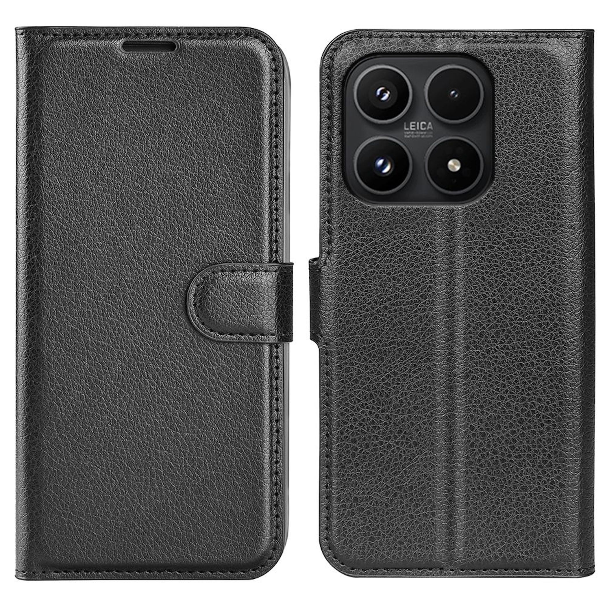 Funda tipo libro de cuero negro para smartphone con módulo Leica.
