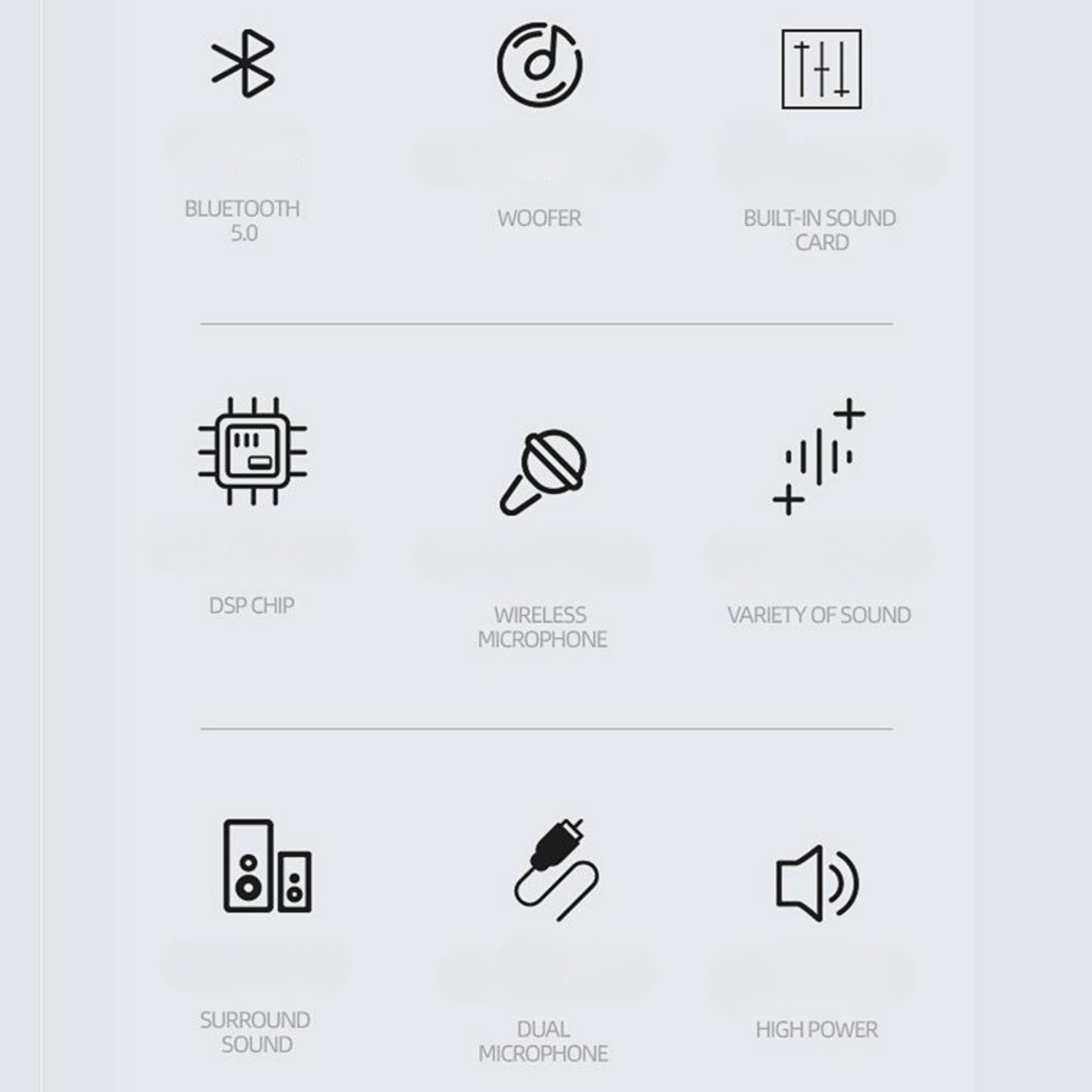 Symbole: Bluetooth 5.0, Woofer, Integrierte Soundkarte, DSP-Chip, Drahtloses Mikrofon, Klangvielfalt.