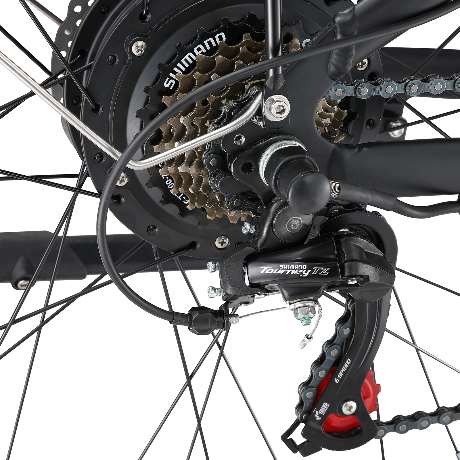 Zbliżenie tylnej przerzutki i kasety roweru z logo Shimano.