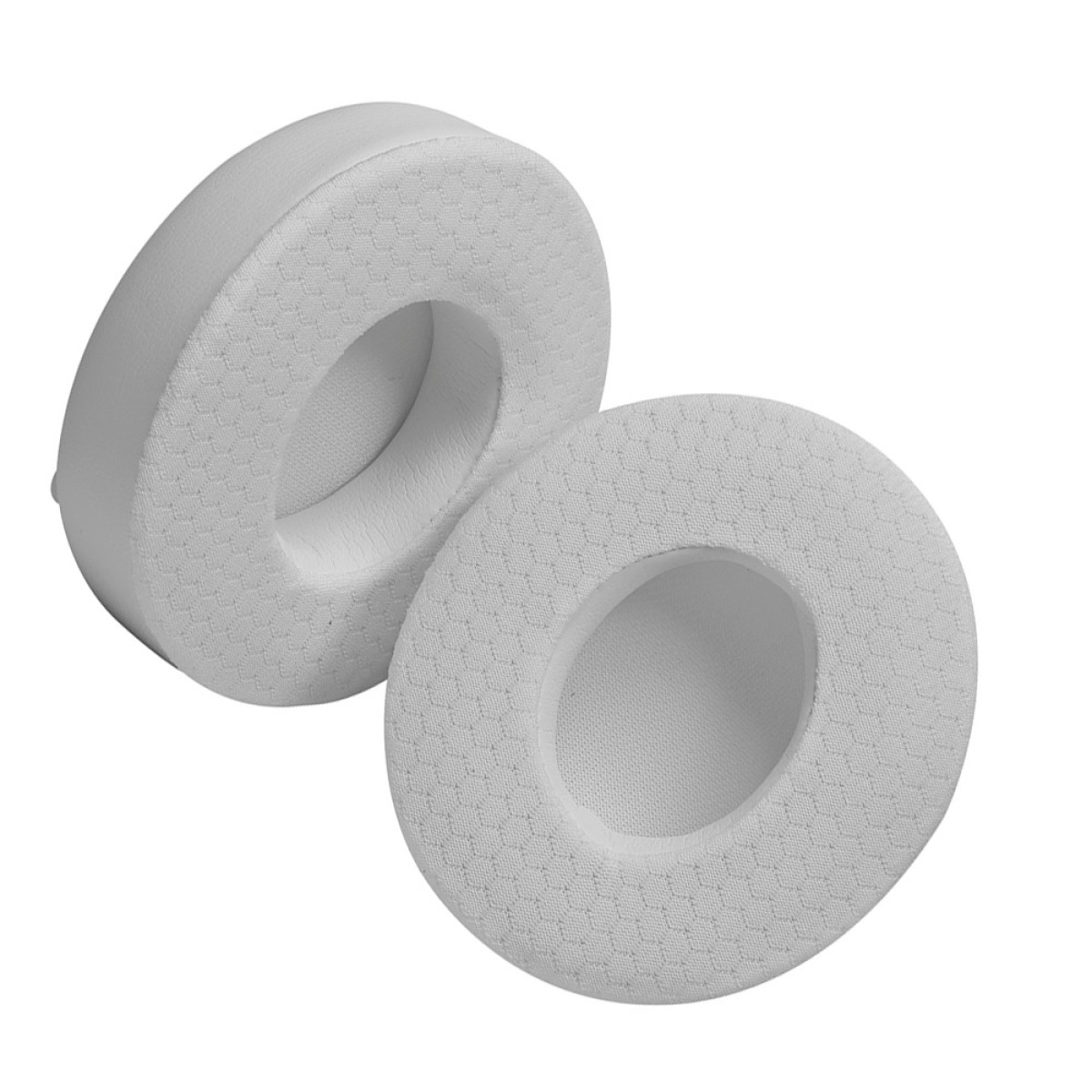 Due cuscinetti auricolari bianchi con texture a nido d'ape sono uno accanto all'altro.