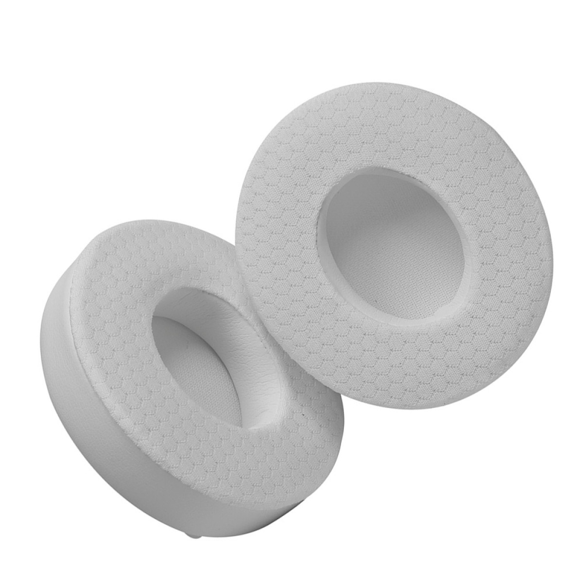 Due cuscinetti auricolari bianchi con texture a nido d'ape sono affiancati.