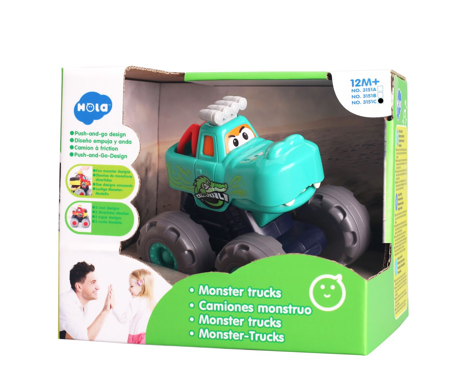 Ein türkisfarbener Monster-Truck mit wütendem Gesicht in einer Box. Empfohlen ab 12 Monaten.