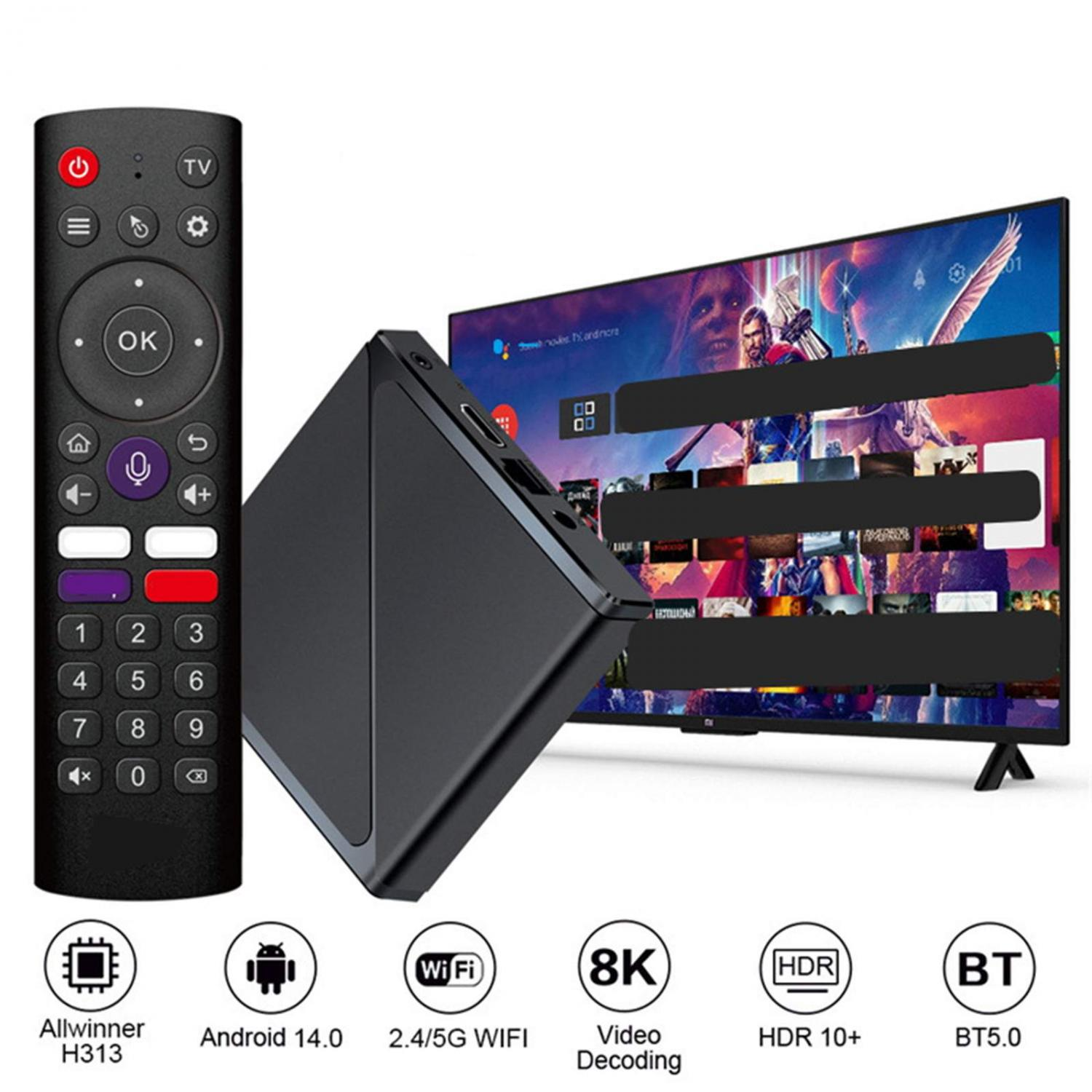 Schwarze Fernbedienung, Android-Box und Fernseher mit Streaming-Oberfläche. Mit 8K, HDR, BT5.0.