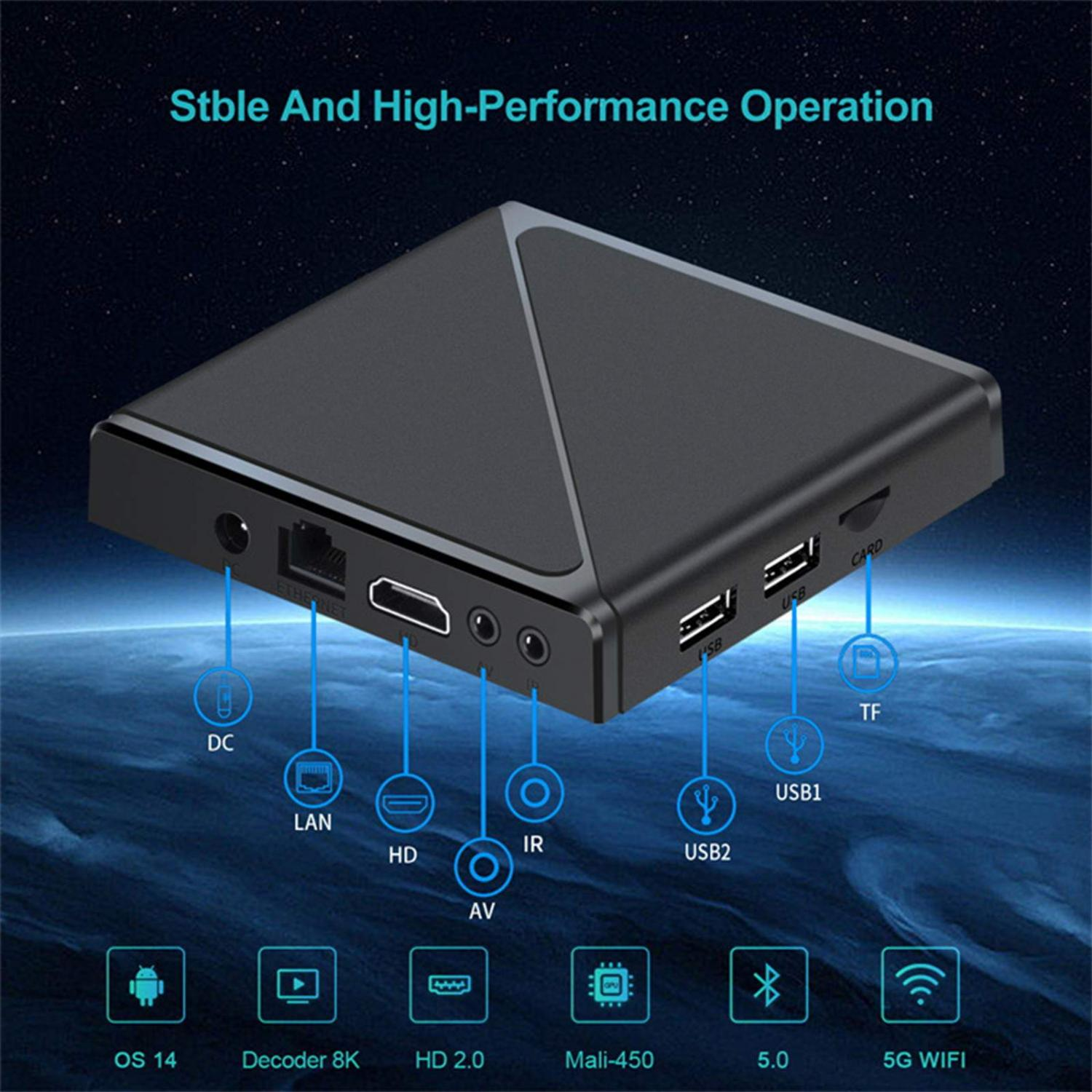 Schwarze Set-Top-Box mit Anschlüssen: DC, LAN, HD, AV, IR, USB1, USB2, TF.