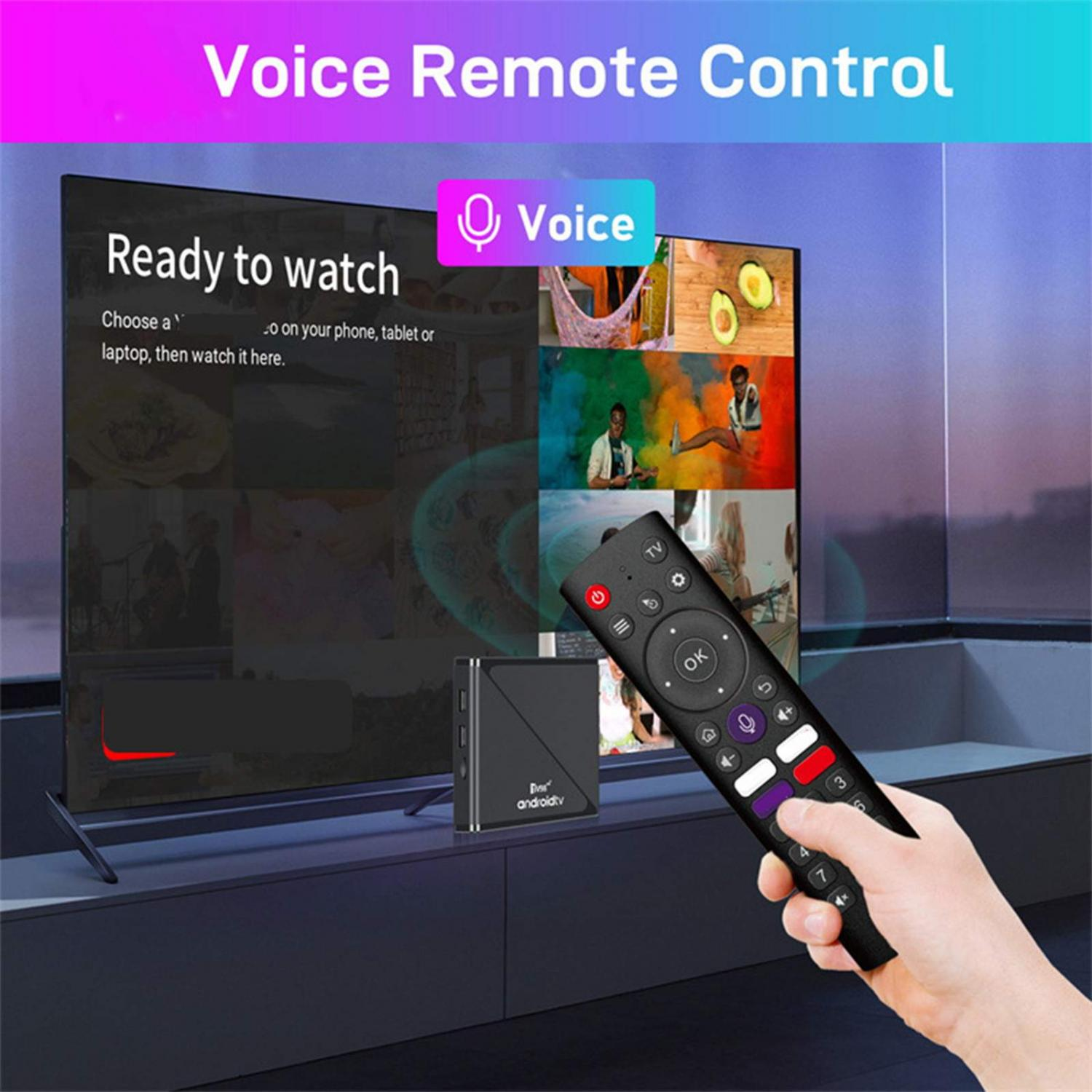 Ein Fernseher zeigt „Bereit zum Ansehen“ an. Eine Hand hält eine Fernbedienung.