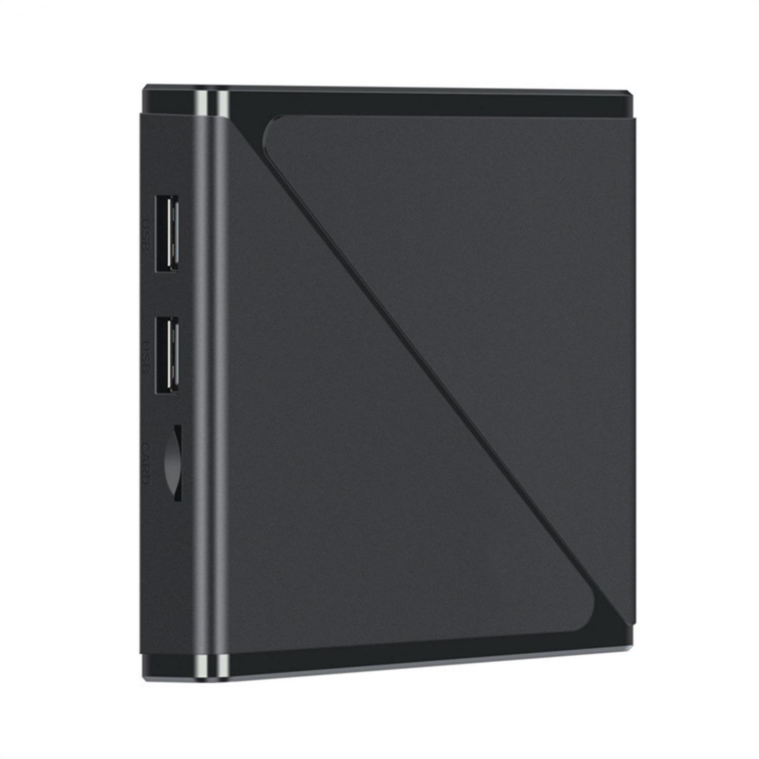 Ein schwarzes rechteckiges Gerät mit zwei USB-Anschlüssen und einem Kartenslot.