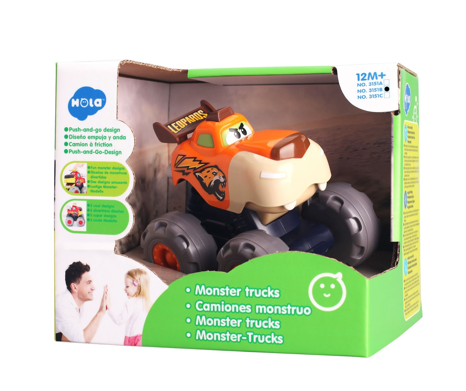 Ein orangefarbener Monster-Truck mit Leoparden-Design in einer Verpackung.