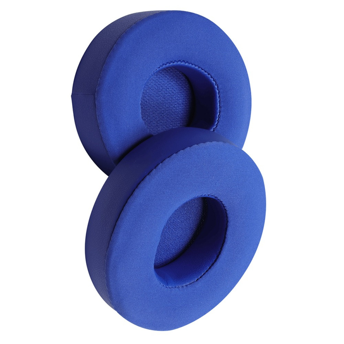 Due cuscinetti auricolari blu per cuffie, uno accanto all'altro su sfondo bianco.