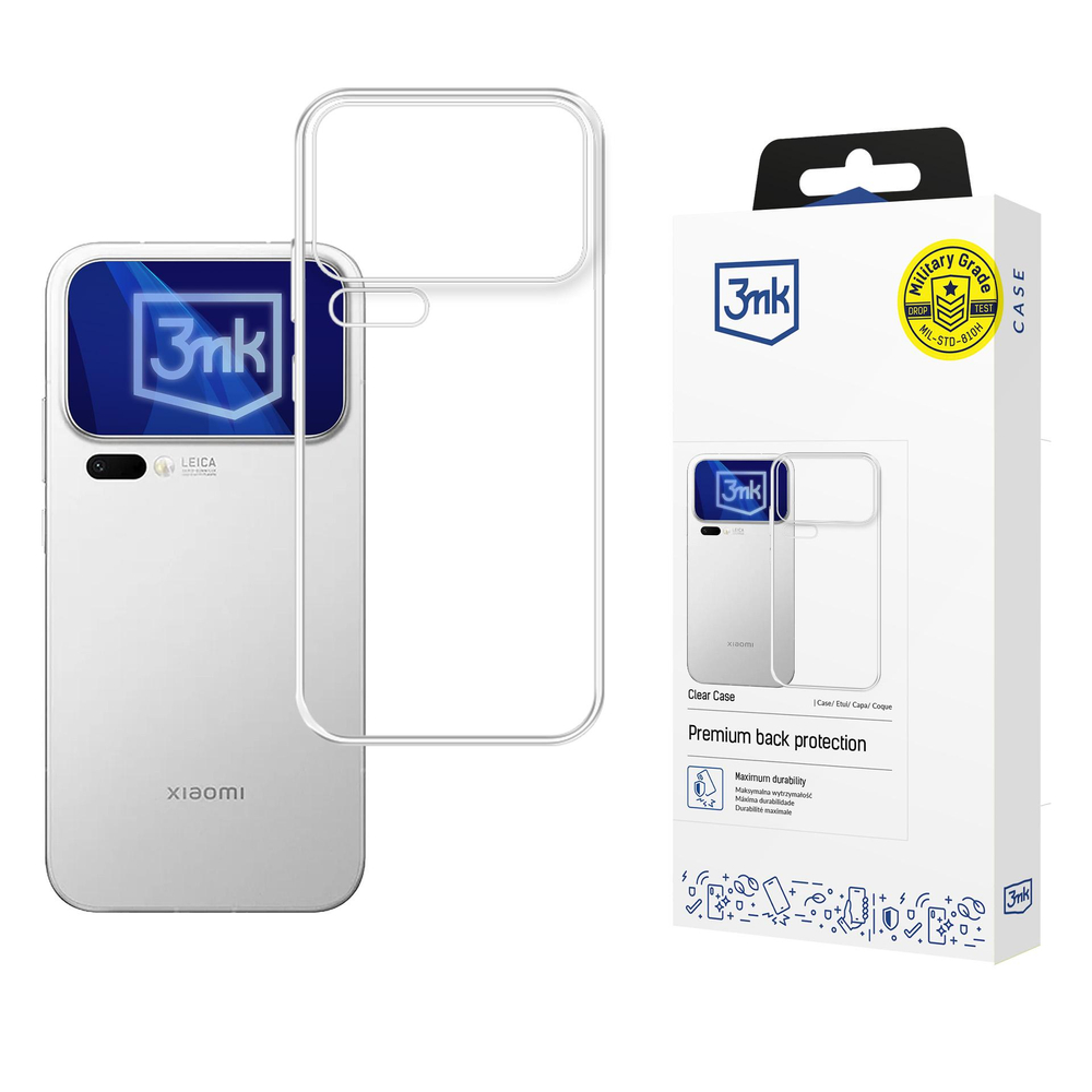 Ein durchsichtiger Handy-Schutz mit Verpackung und einem Handy-Modell.