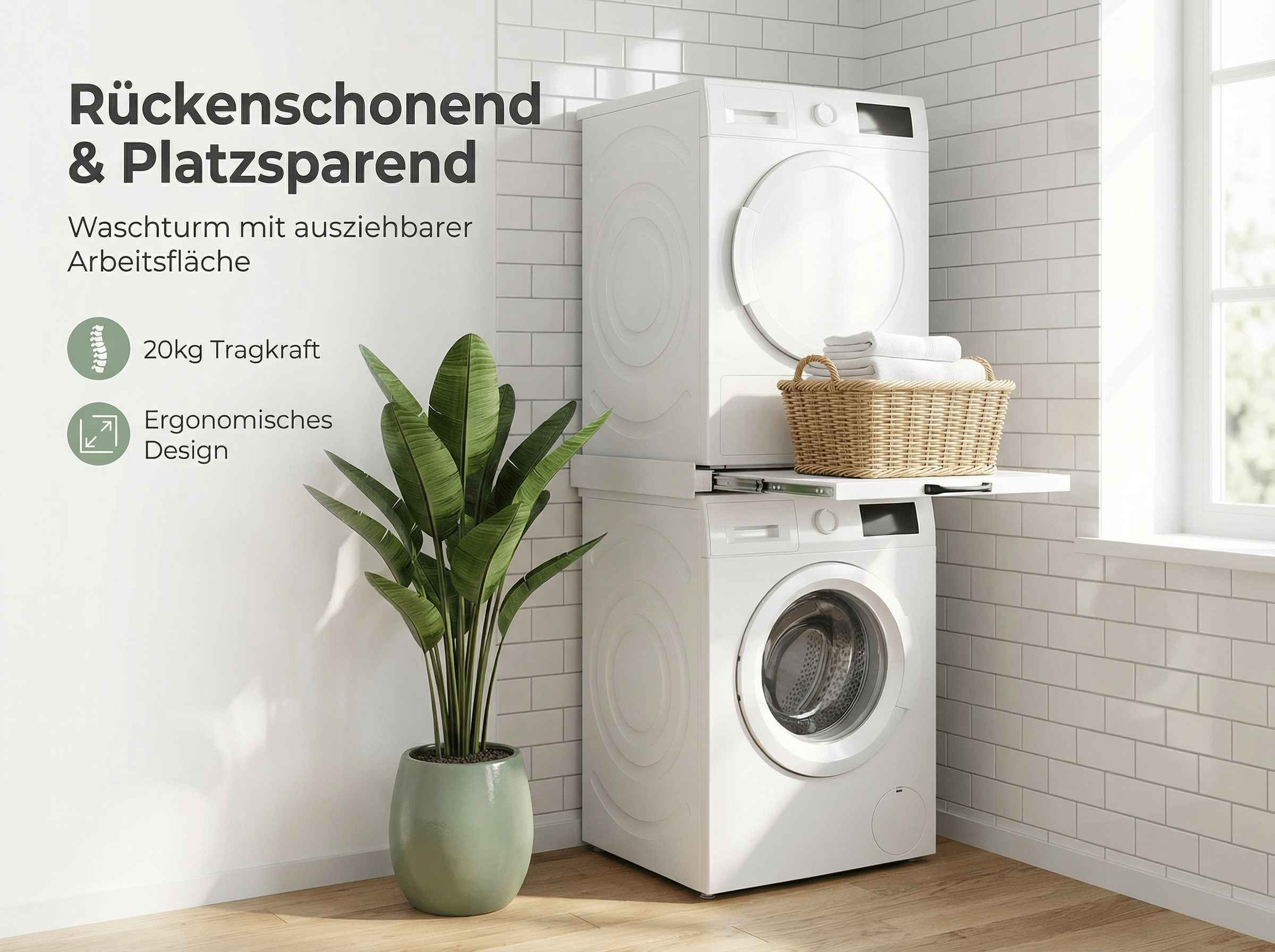 Weiße Waschmaschine und Trockner gestapelt, mit Korb und Pflanze.