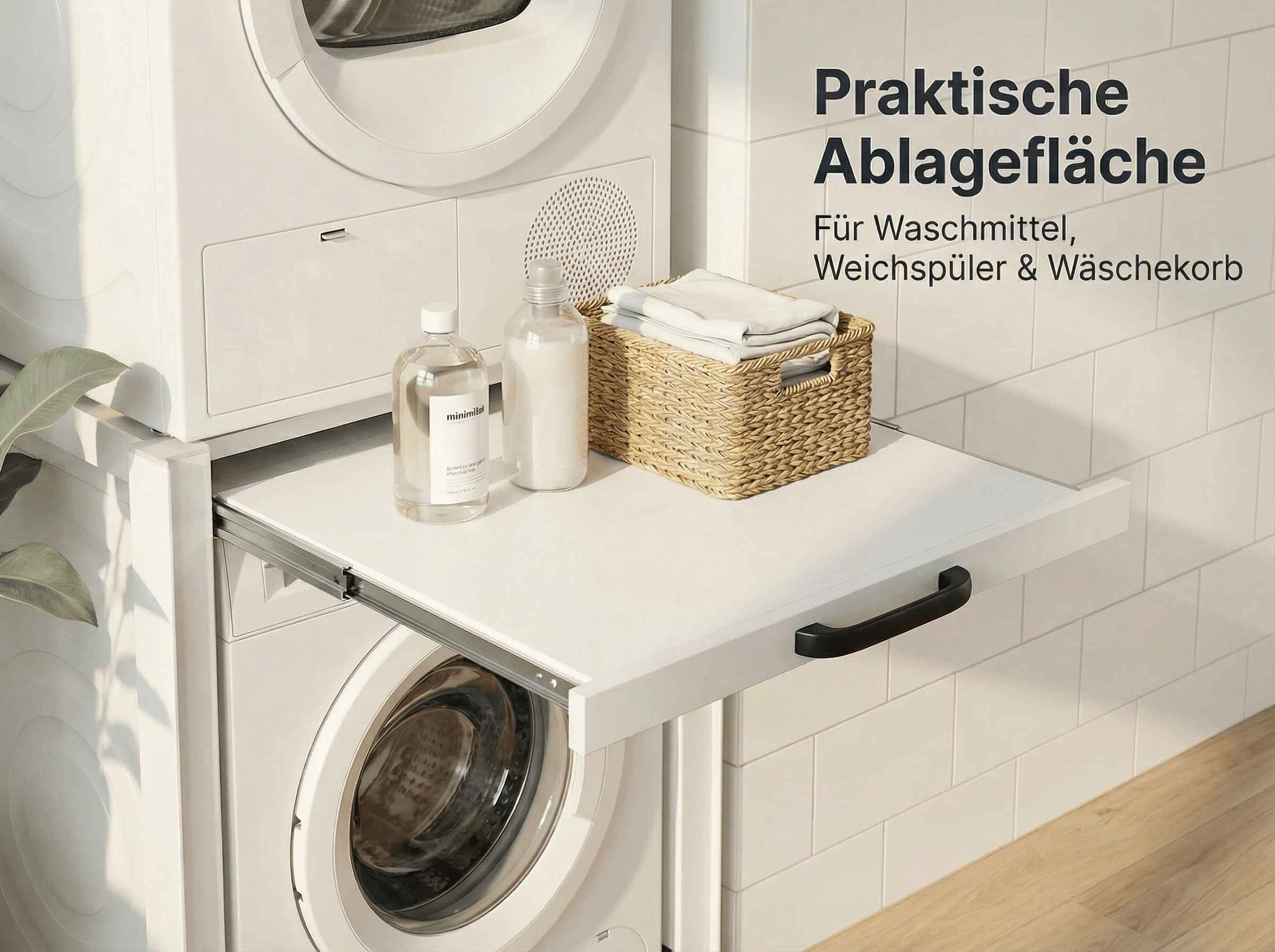 Ausziehbarer Tisch mit Waschmittelflaschen, Korb und Handtuch auf Waschmaschinen.
