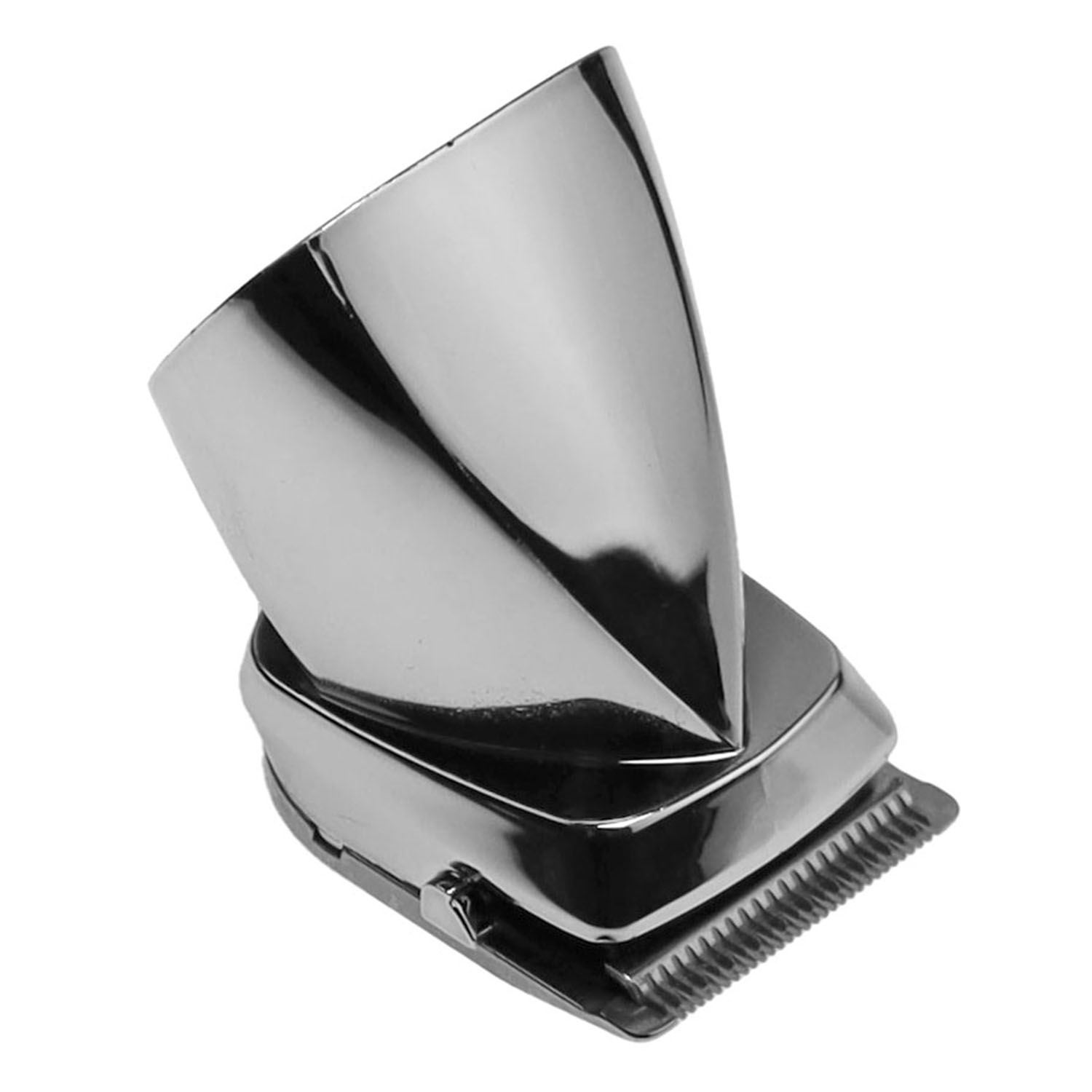 Ein glänzender, silberner Aufsatz für einen Haarschneider mit scharfen Klingen.