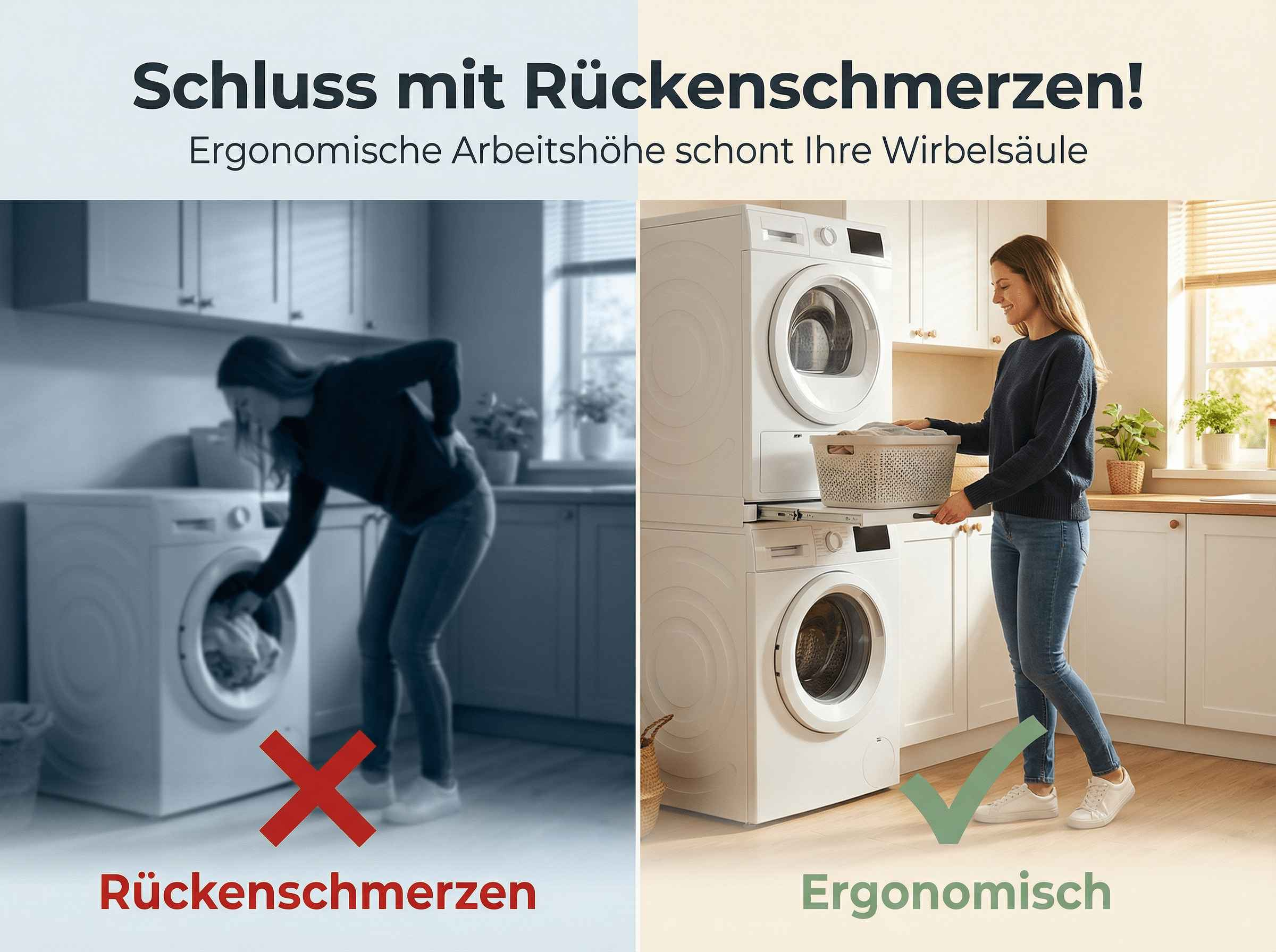 Vergleich: Frau bückt sich schmerzhaft vor Waschmaschine vs. Frau mit Wäschekorb auf ergonomischer Höhe.