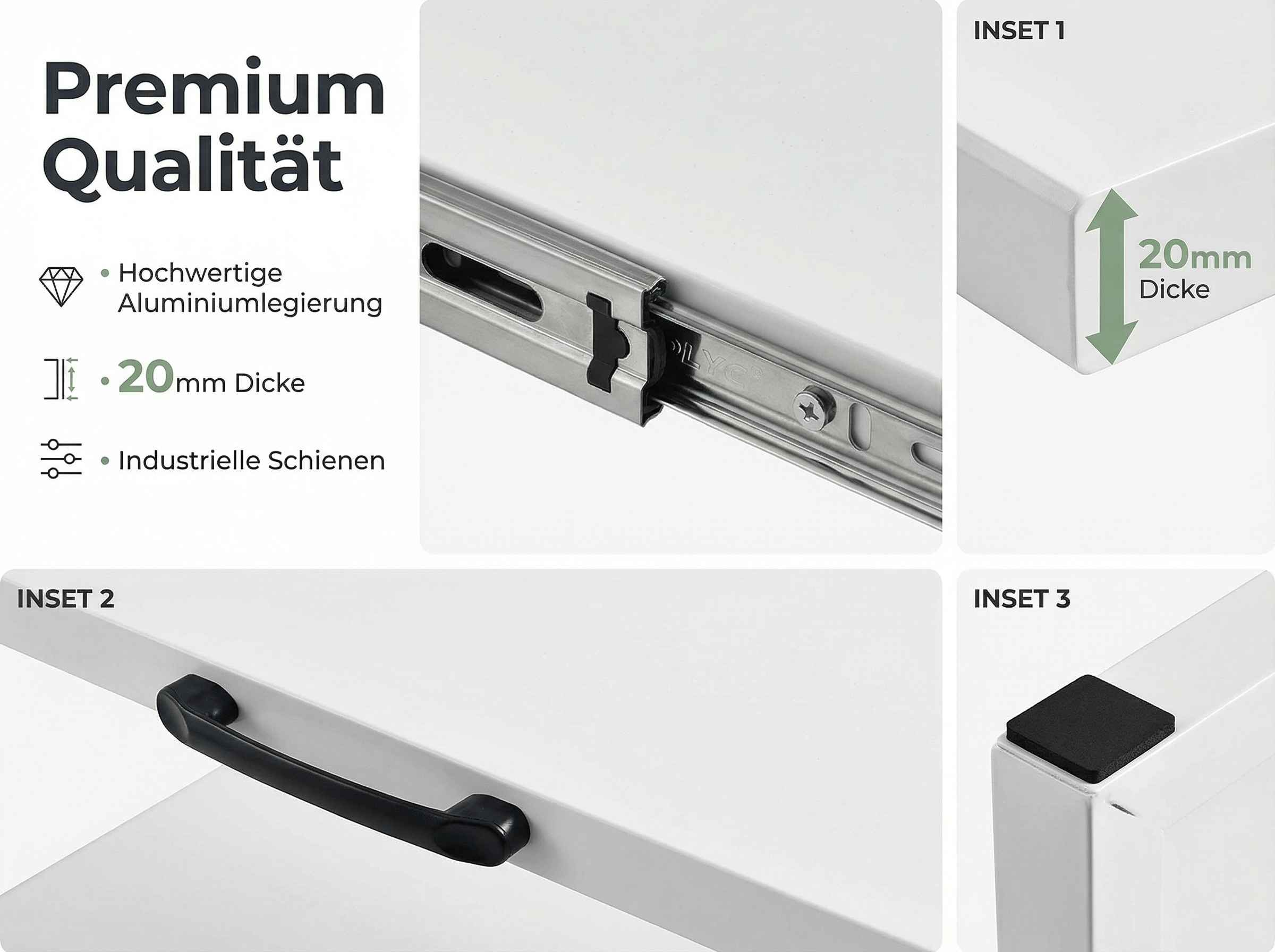 Hochwertige Aluminiumschienen, 20mm Dicke, mit Griff und Stopper.