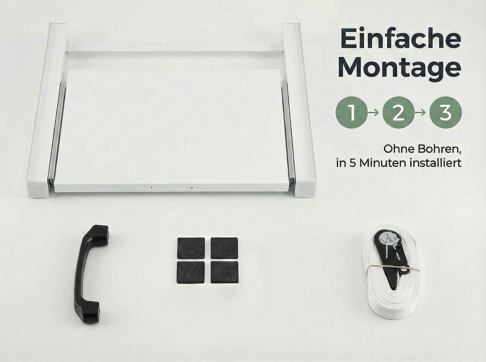 Ein weißer Rahmen, ein Griff, vier Quadrate und ein Gurt. Mit "Einfache Montage".