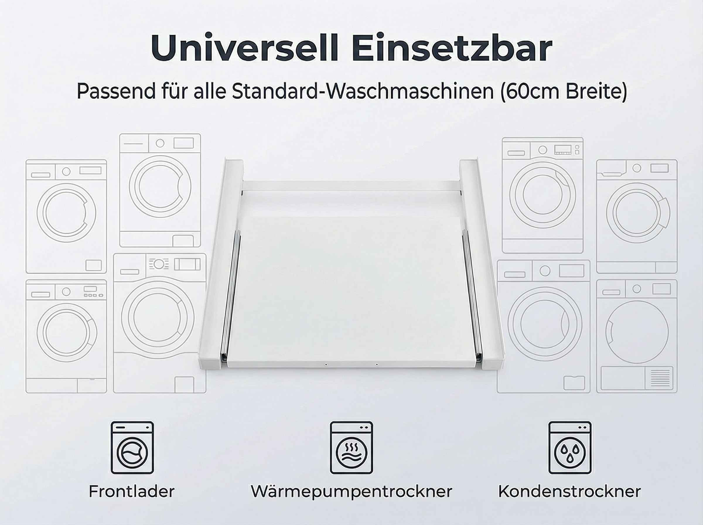 Universelle Waschmaschinen-Einlegeplatte, passend für 60cm breite Geräte.