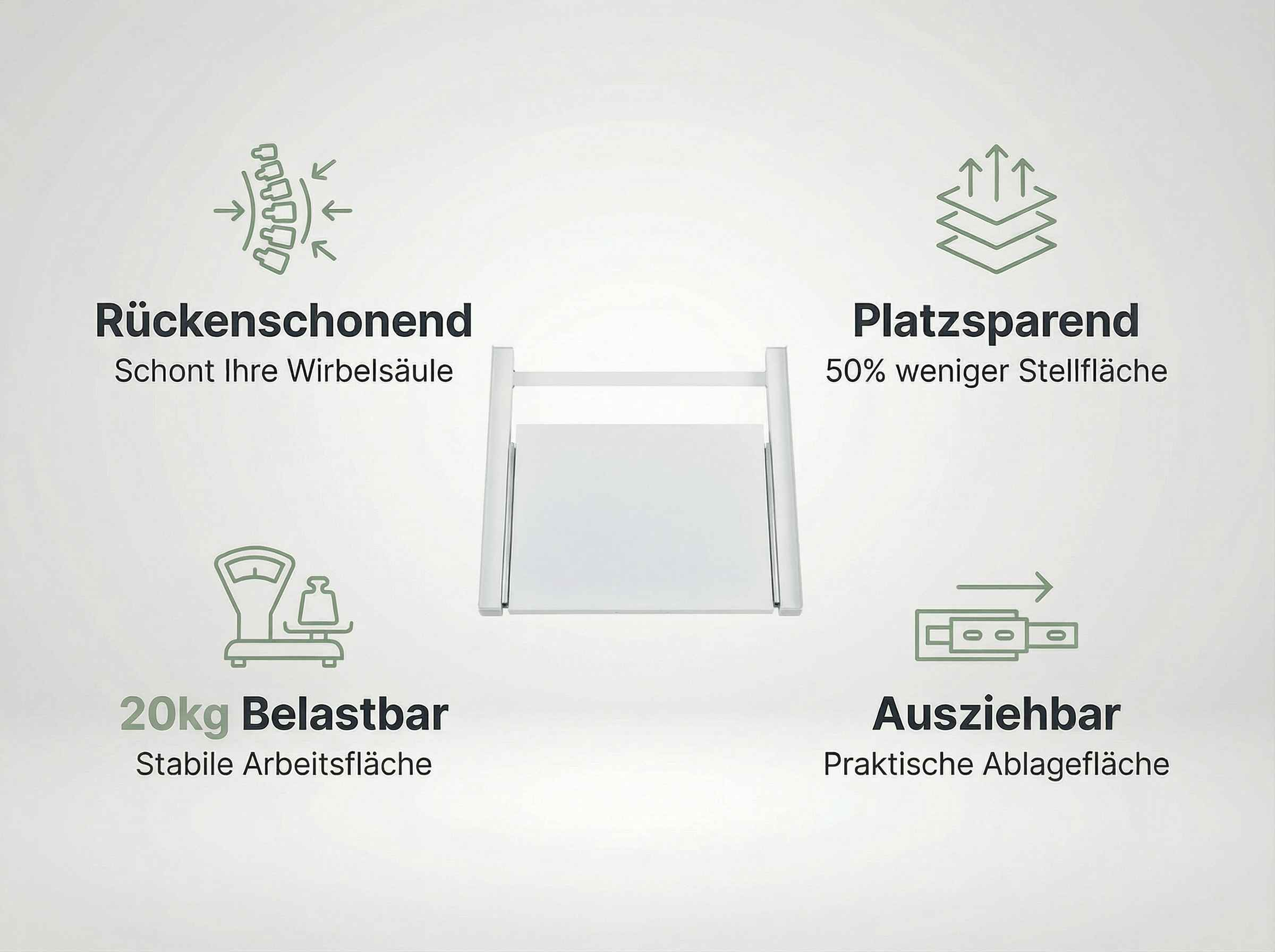 Rückenfreundlich, platzsparend, 20kg belastbar, ausziehbar. Ein ausklappbarer Tisch.