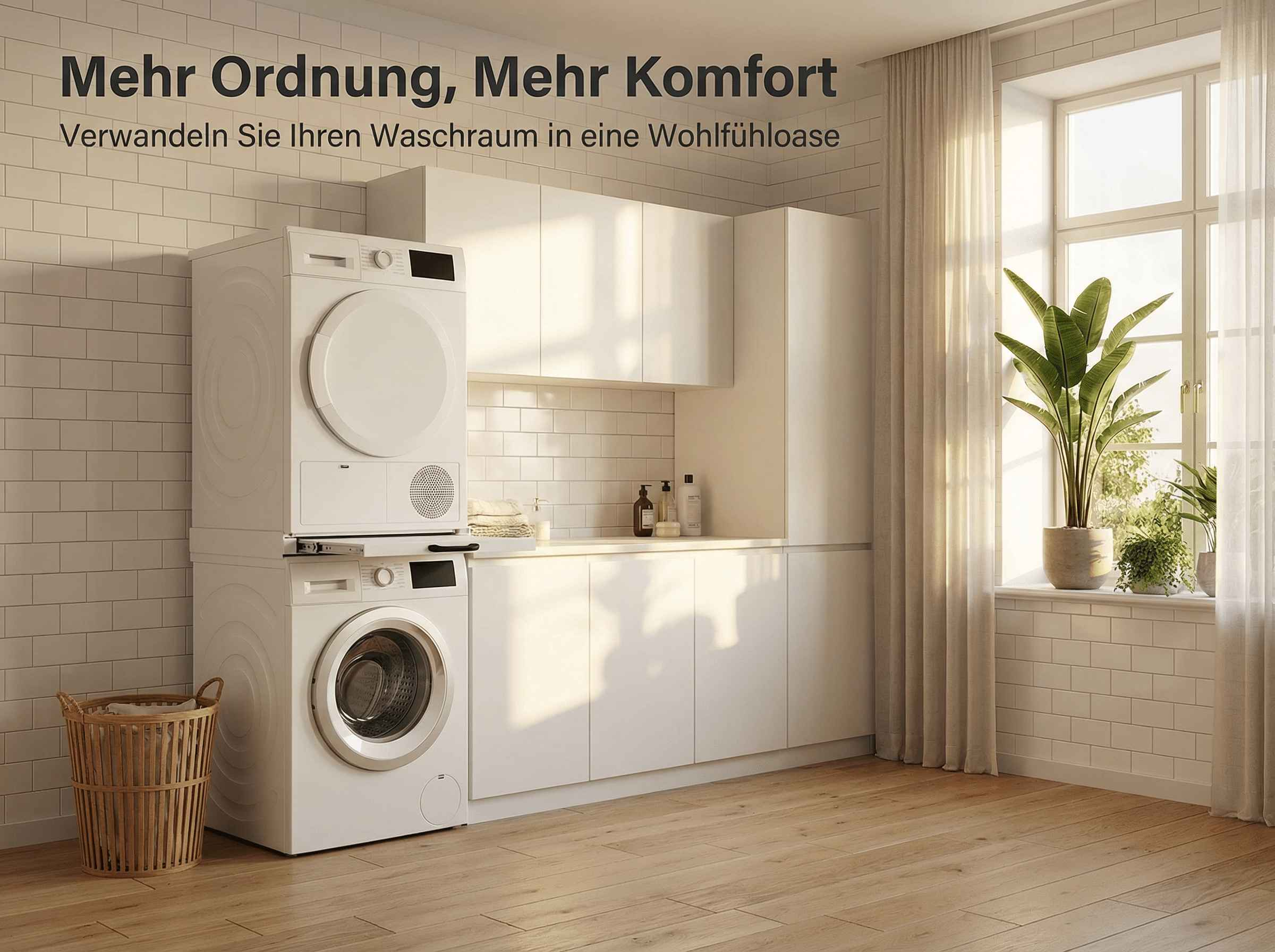 Ein weißer Waschraum mit Waschmaschine, Trockner, Körben und Pflanzen.