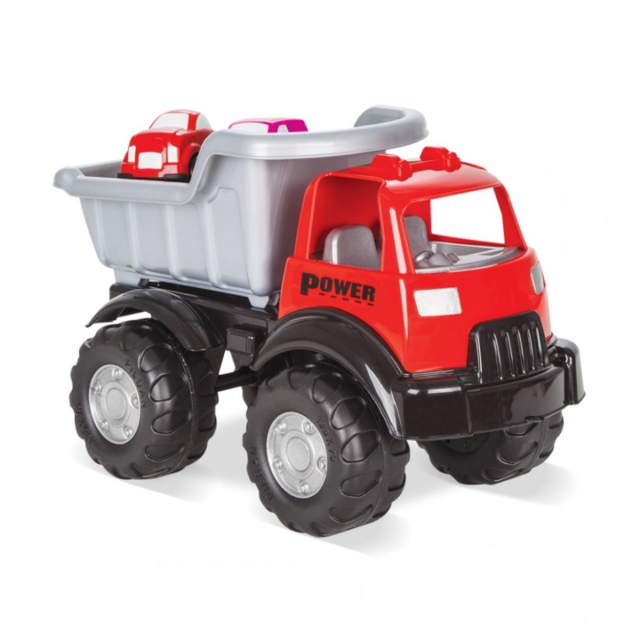 Ein roter Spielzeugkipper mit einem grauen Laderaum, der kleine rote Autos transportiert.