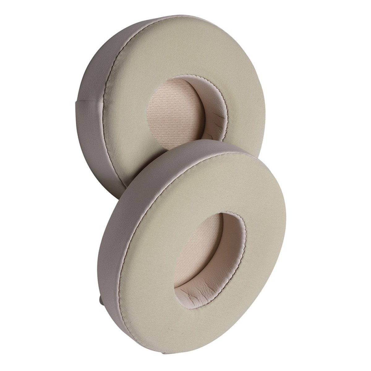 Due cuscinetti auricolari beige con bordo grigio impilati.