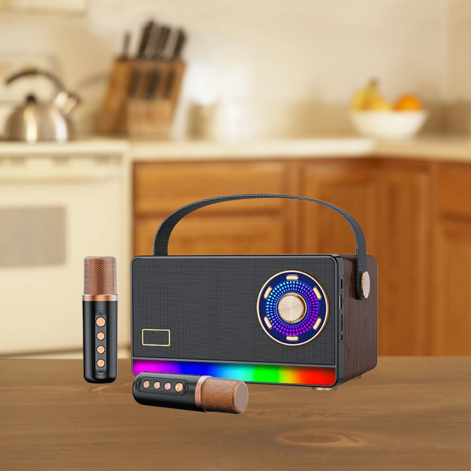 Ein schwarzer Lautsprecher mit Holzmaserung und zwei Mikrofonen, beleuchtet mit bunten LEDs.