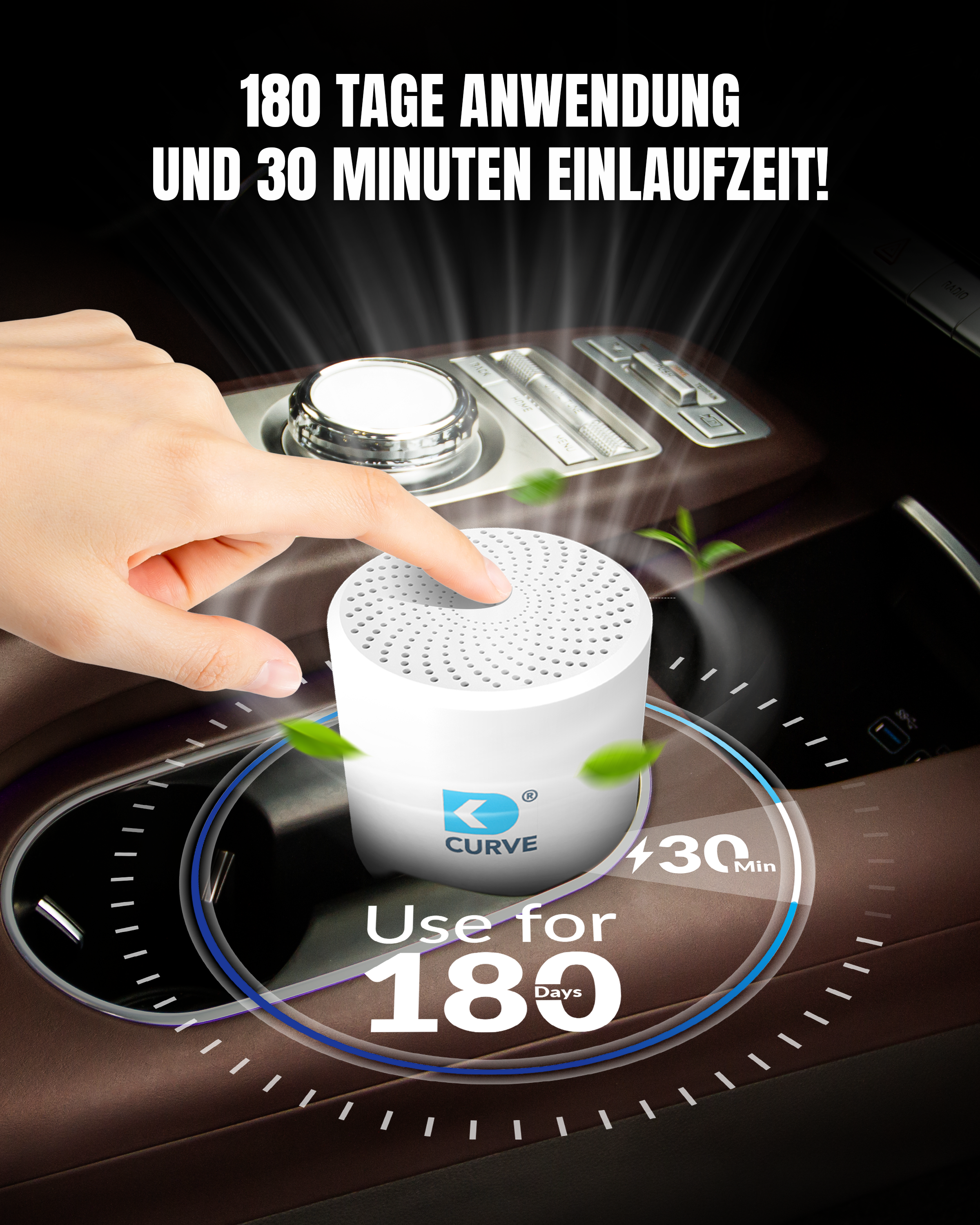 Eine Hand drückt auf einen weißen Lufterfrischer im Auto. 180 Tage Nutzung.