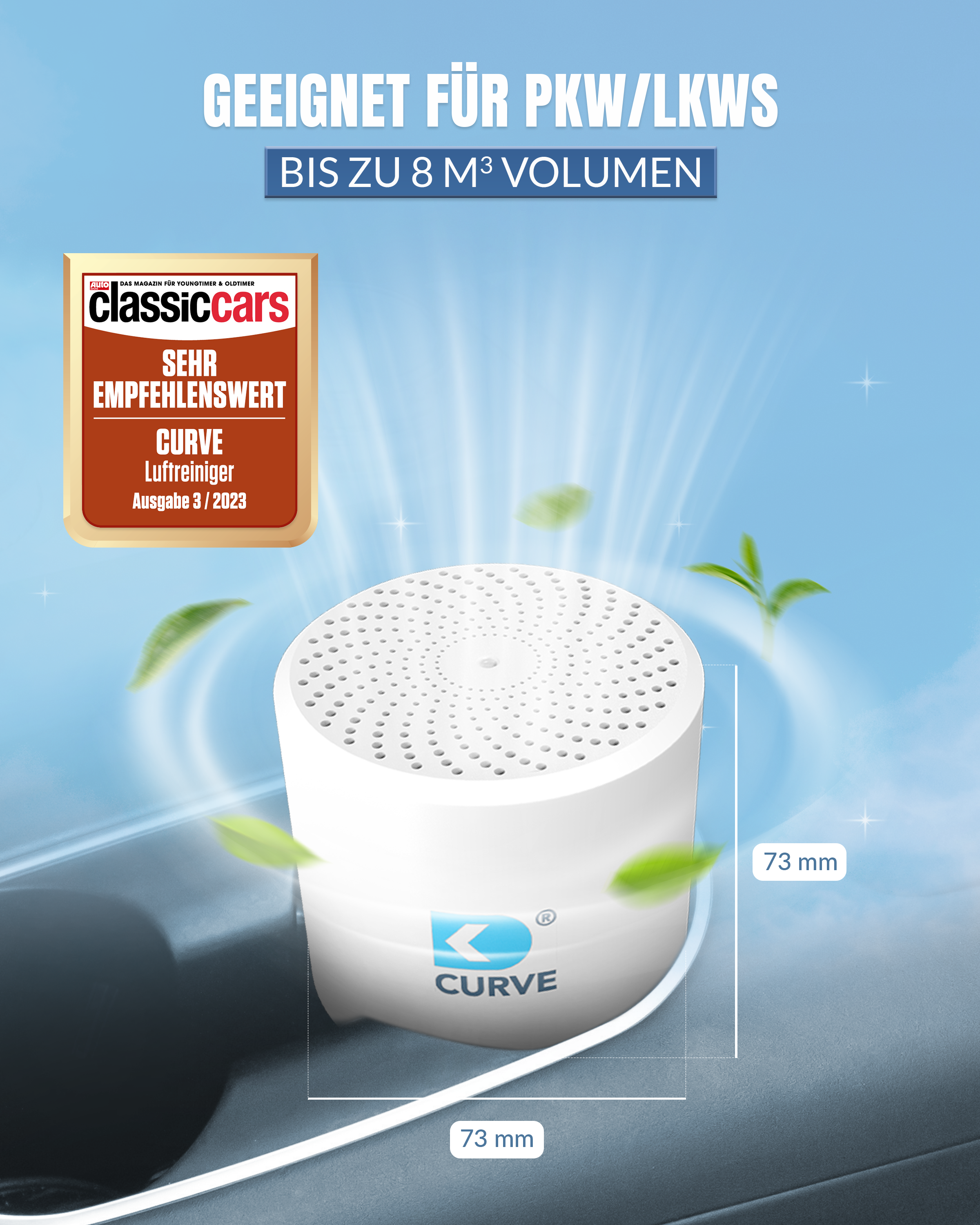 Ein weißer CURVE Luftreiniger, 73mm, mit "classiccars" Siegel, für PKW/LKWS.