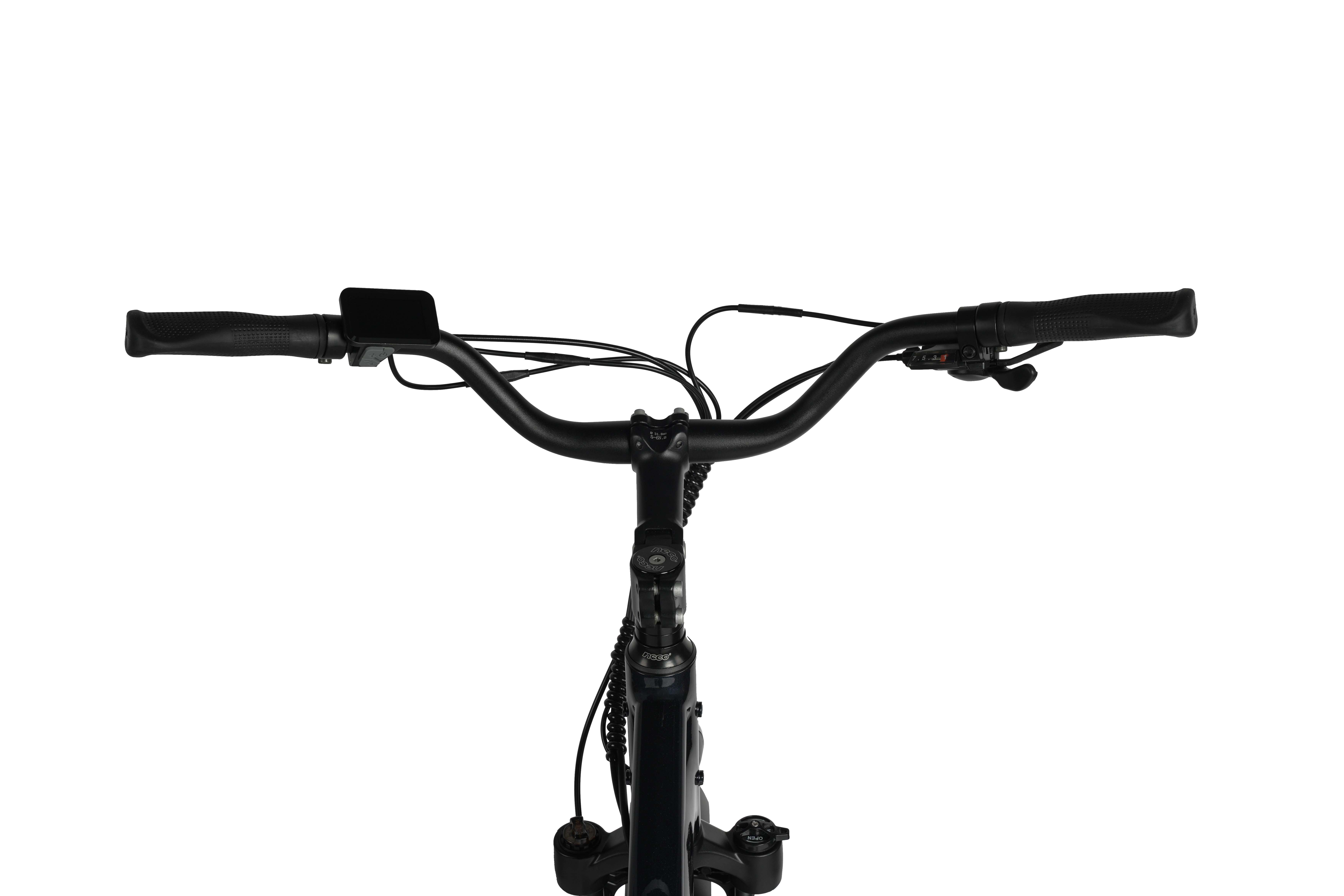 Schwarzer Fahrradlenker mit Griffen, Display und Schalthebel.