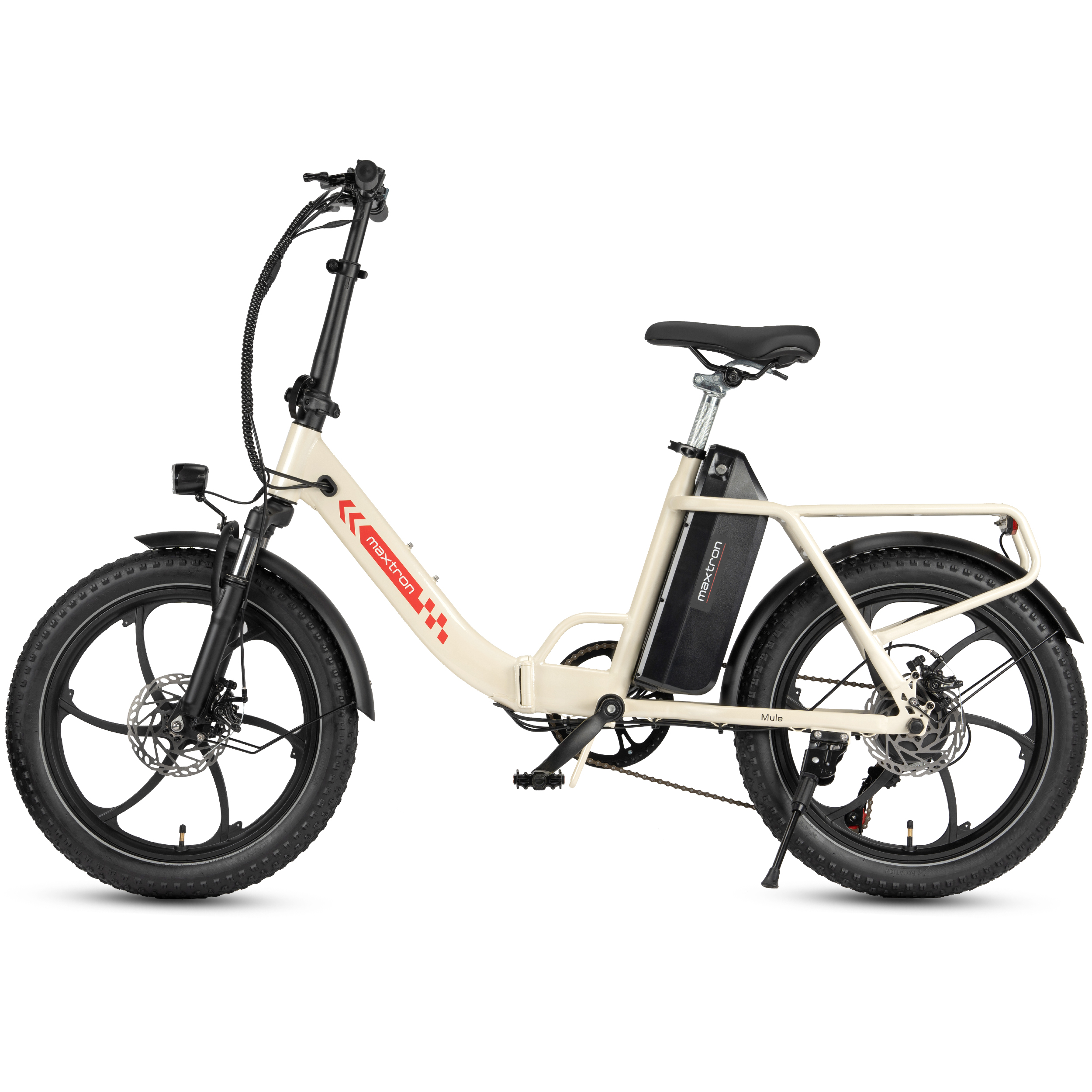 Ein cremefarbenes faltbares E-Bike mit schwarzen Reifen und Felgen.