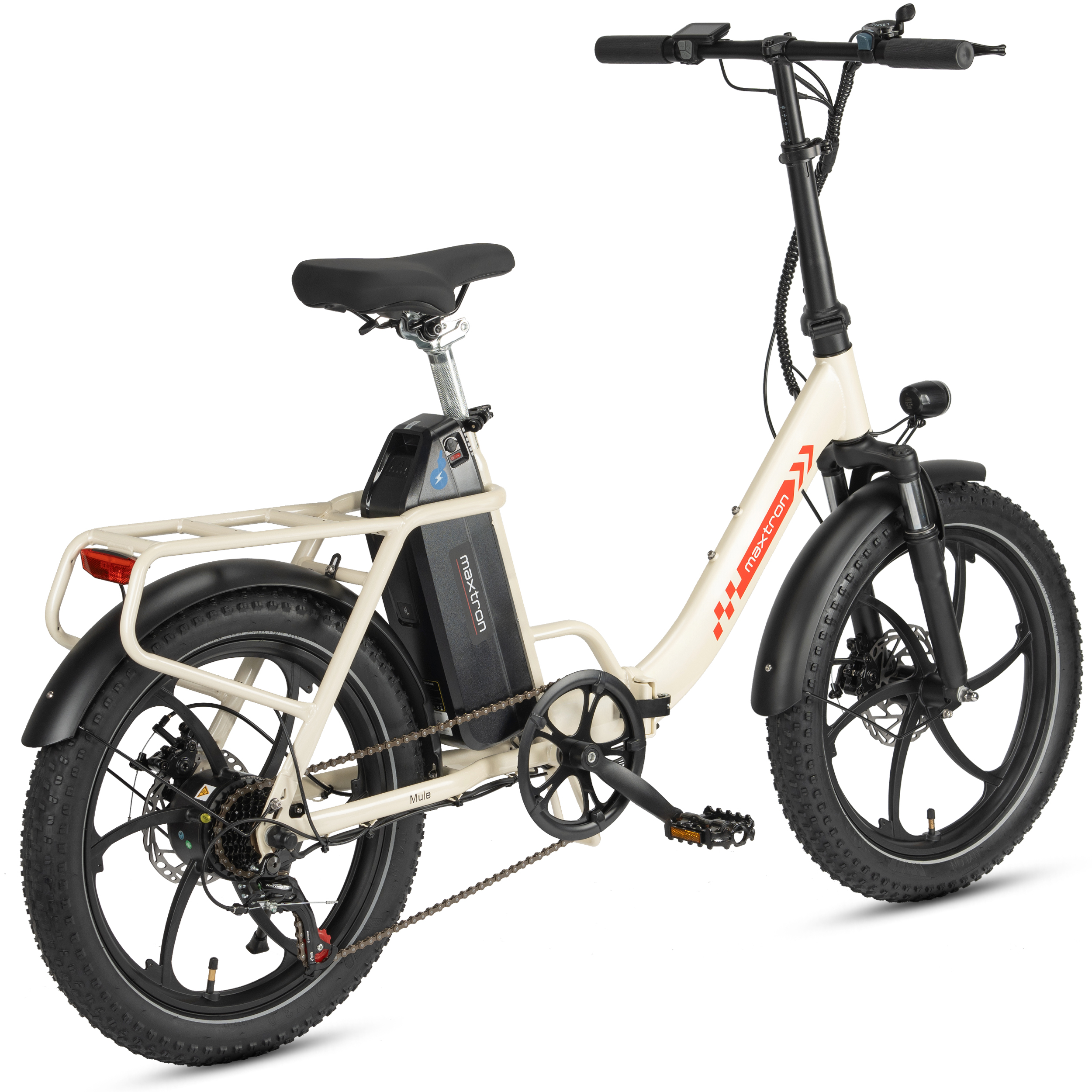 Ein cremefarbenes E-Bike mit breiten Reifen, Gepäckträger und Akku.