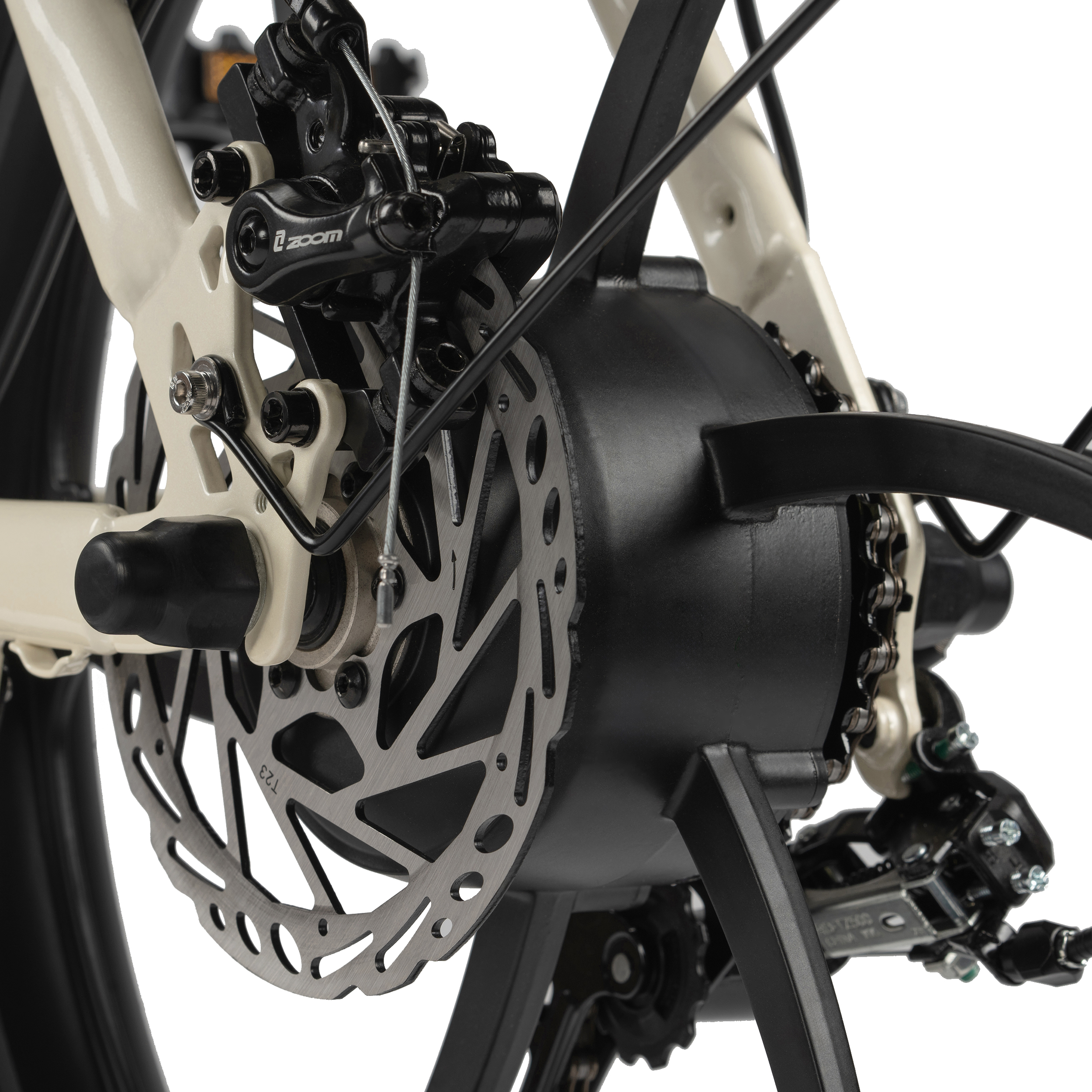 Nahaufnahme des Hinterradnabenmotors, der Bremsscheibe und der Kette eines E-Bikes.