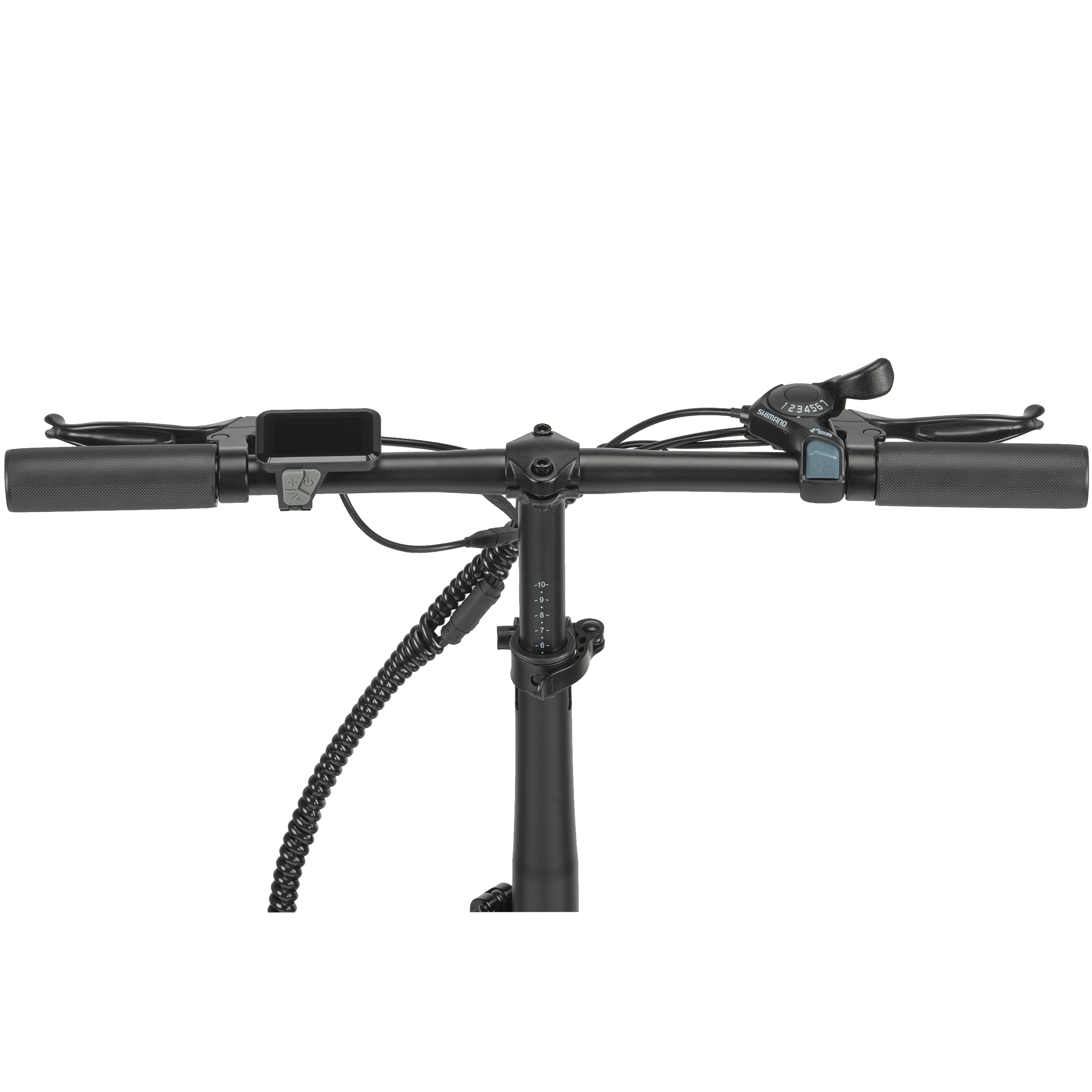 Lenker eines schwarzen Fahrrads mit Griffen, Bremsen und Display.