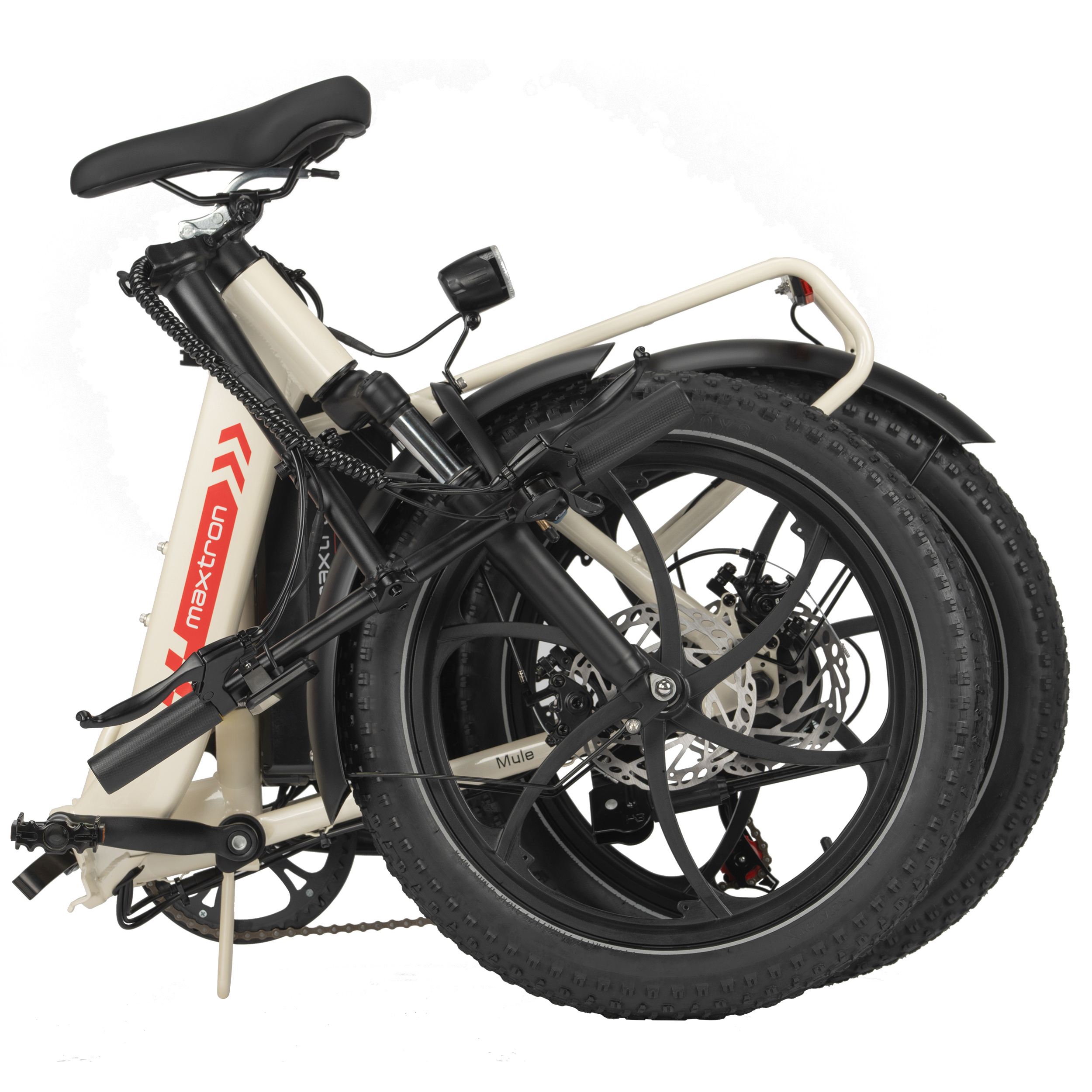 Gefaltetes cremefarbenes E-Bike mit breiten Reifen und roten Akzenten.