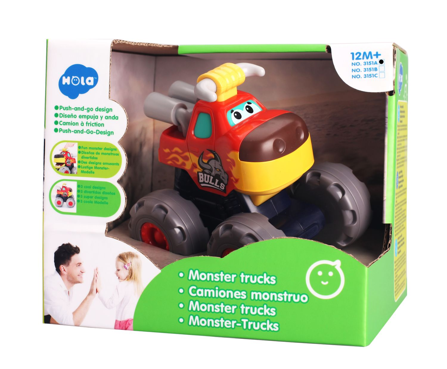Ein roter und gelber Monster-Truck mit Hörnern und großen Rädern, in einer Box.