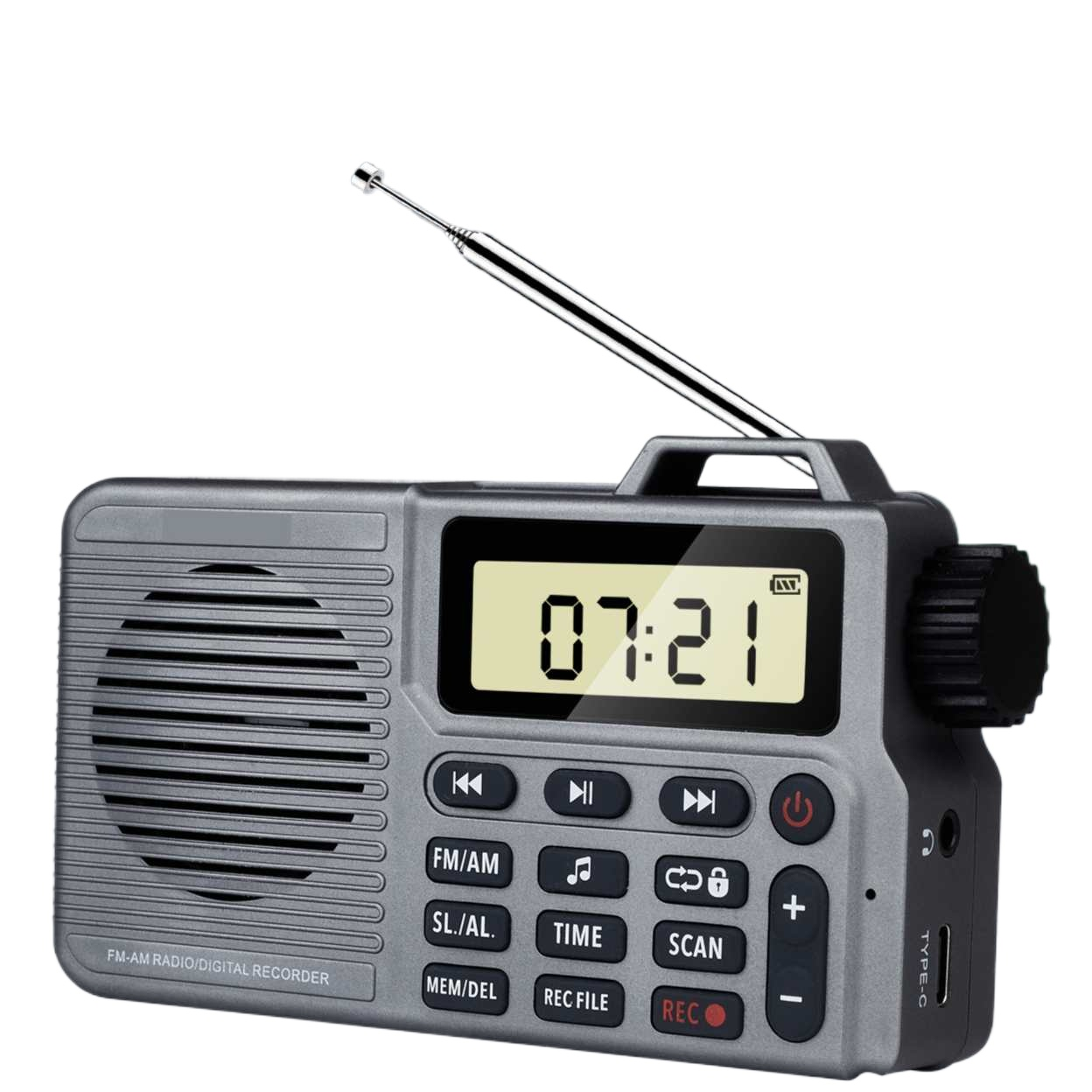 Grauer digitaler FM/AM-Radio-Recorder mit ausfahrbarer Antenne und LCD-Display.