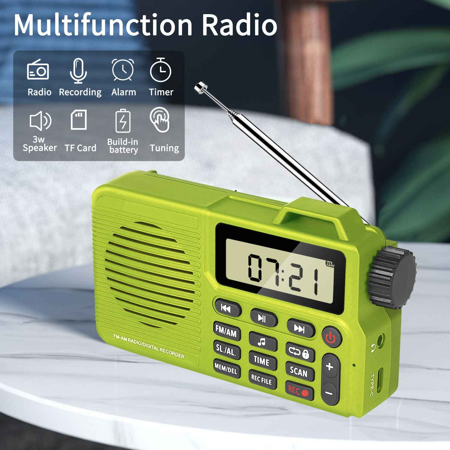 Grünes Multifunktionsradio mit digitaler Anzeige, Tasten und ausklappbarer Antenne.