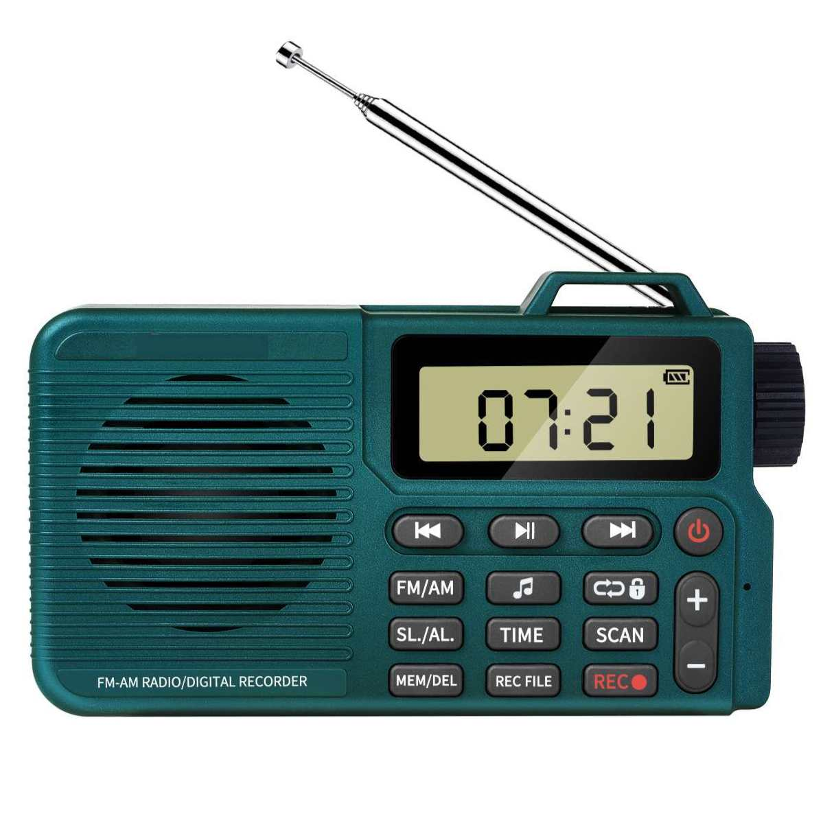 Ein tragbares FM-AM-Radio mit digitalem Recorder, Antenne und LCD-Display.