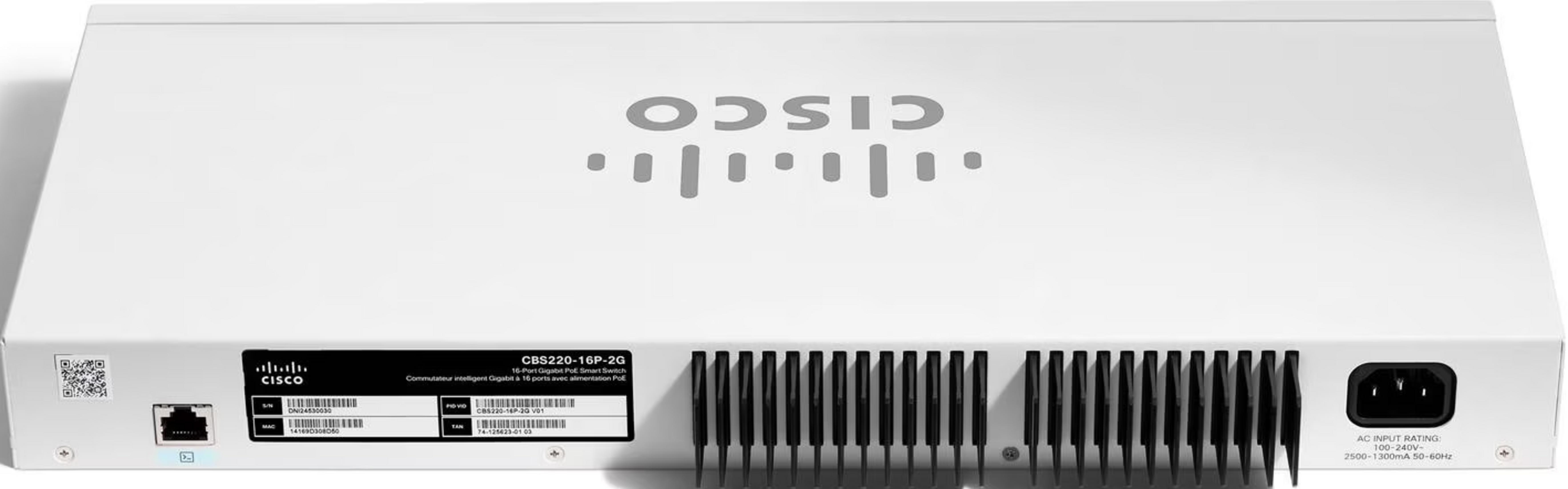 Biały przełącznik Cisco Smart Gigabit PoE 16-portowy z otworami wentylacyjnymi i portami.