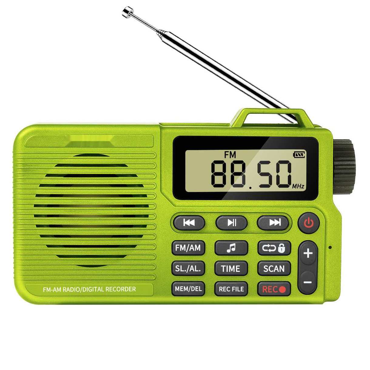 Ein gröner Radioempfänger mit ausziehbarer Antenne und LCD-Display zeigt 88.50 MHz an.