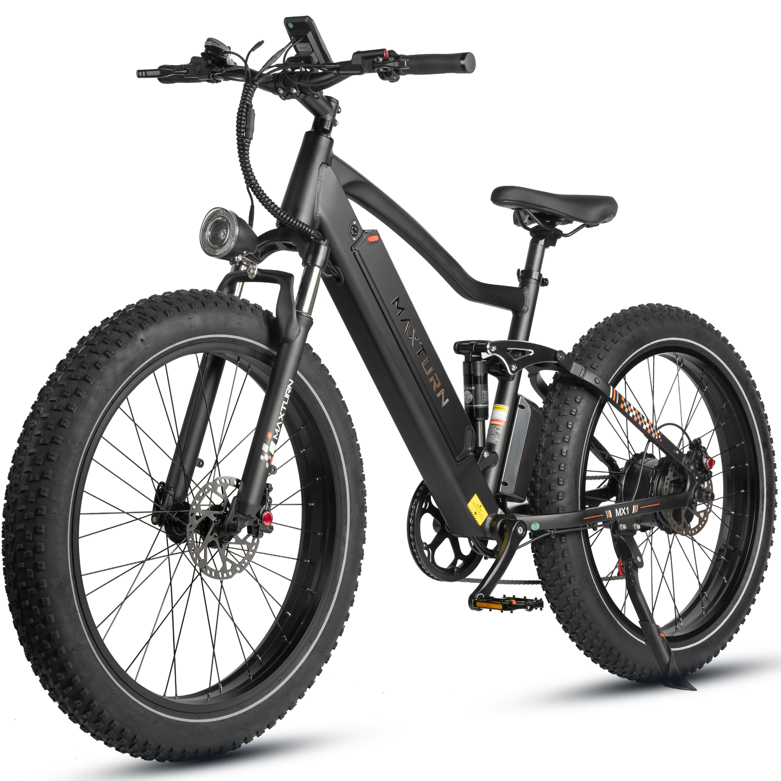 Bicicleta eléctrica negra con llantas anchas, suspensión y frenos.